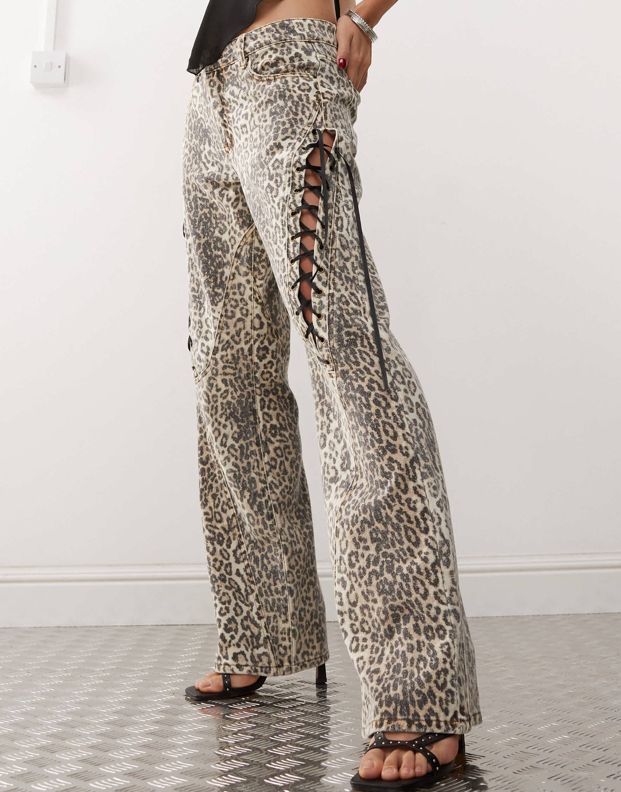 Lioness lace up ribbon jean in faded leopard print