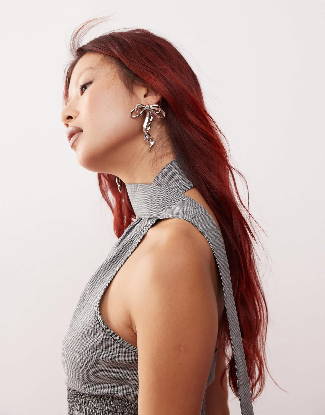 Lioness neck detail shirred waist puffball mini dress in black and white check