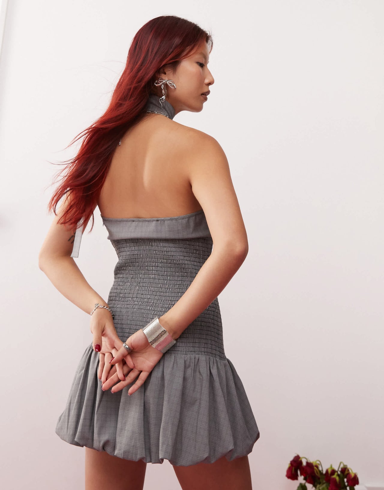 Lioness neck detail shirred waist puffball mini dress in black and white check