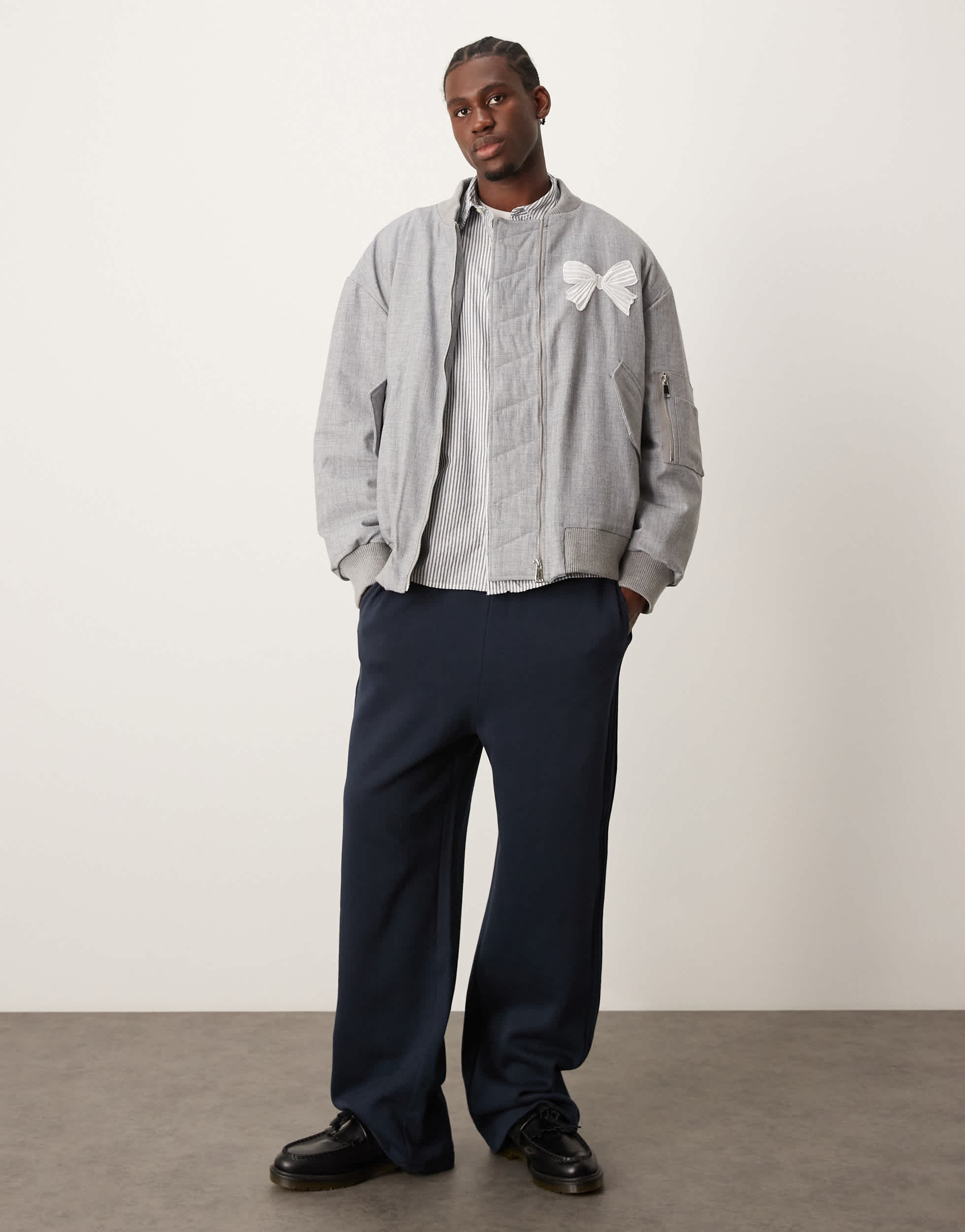 Sister Janeunisex bow embroidered bomber jacket in grey