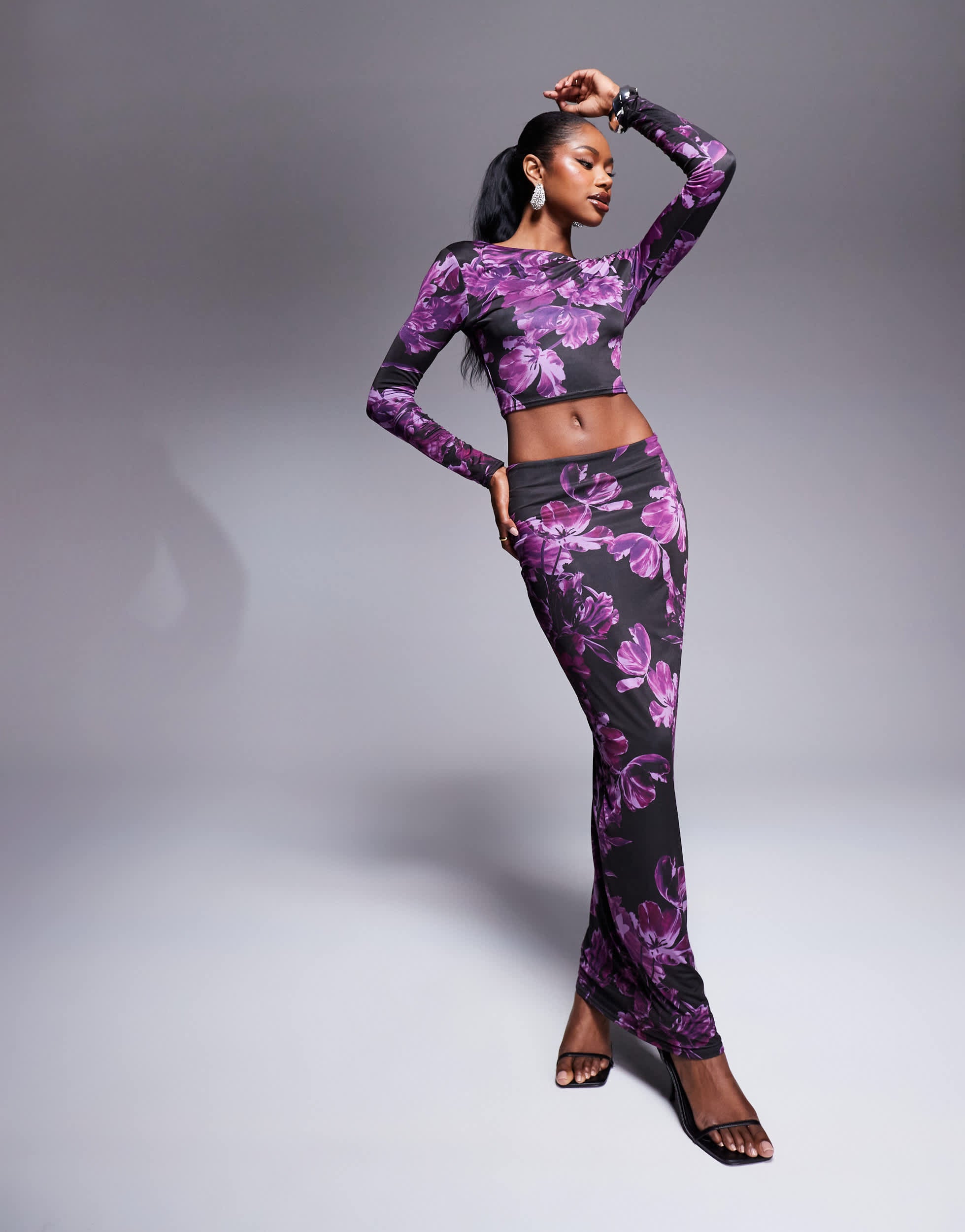 Kaiia exclusive double layered slinky bodycon maxi skirt co-ord in purple print