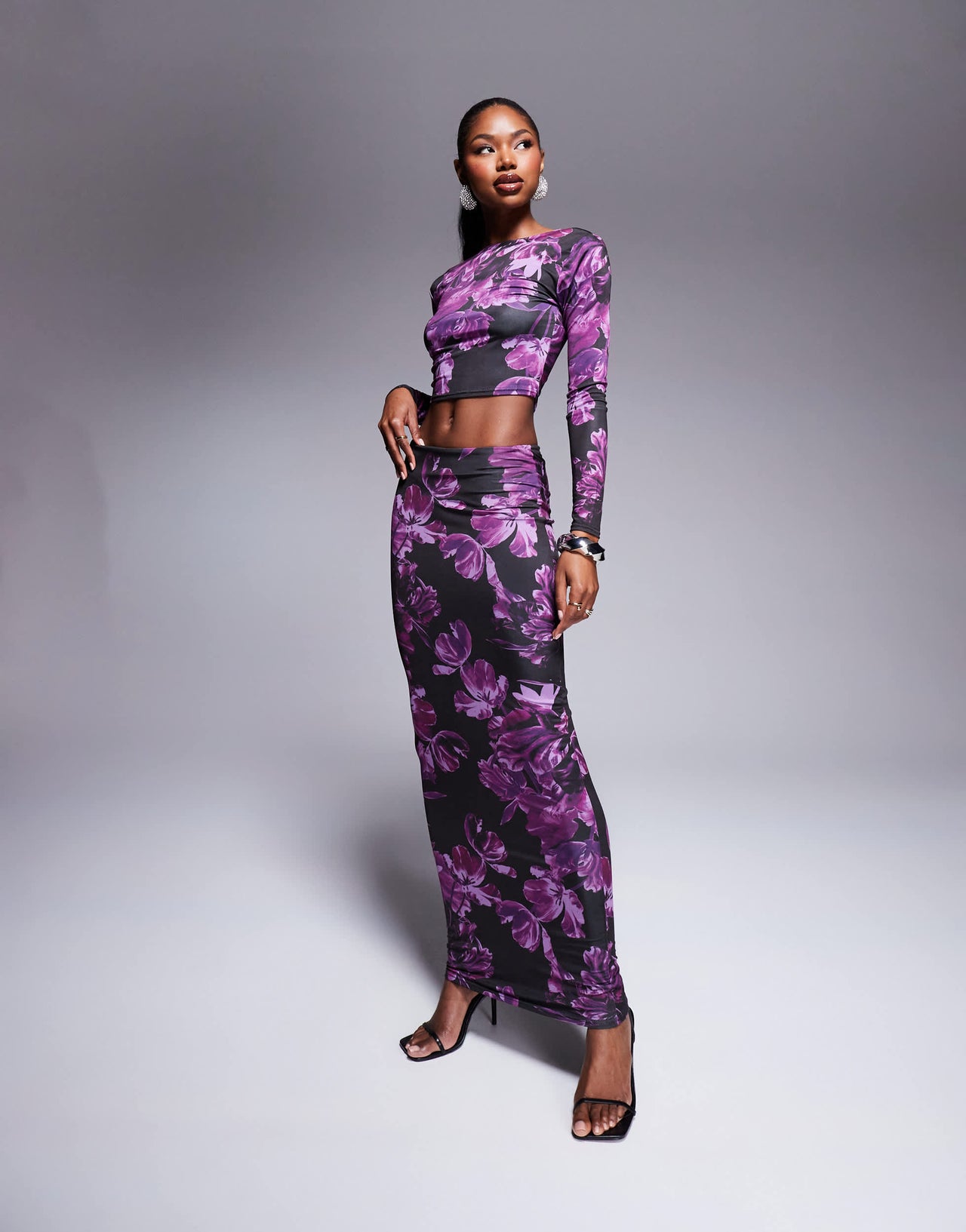 Kaiia exclusive low back slinky long sleeve top co-ord in purple print