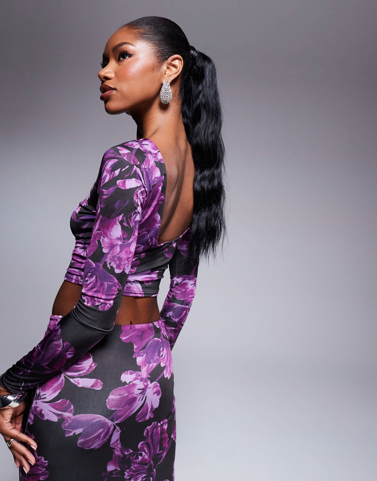 Kaiia exclusive low back slinky long sleeve top co-ord in purple print