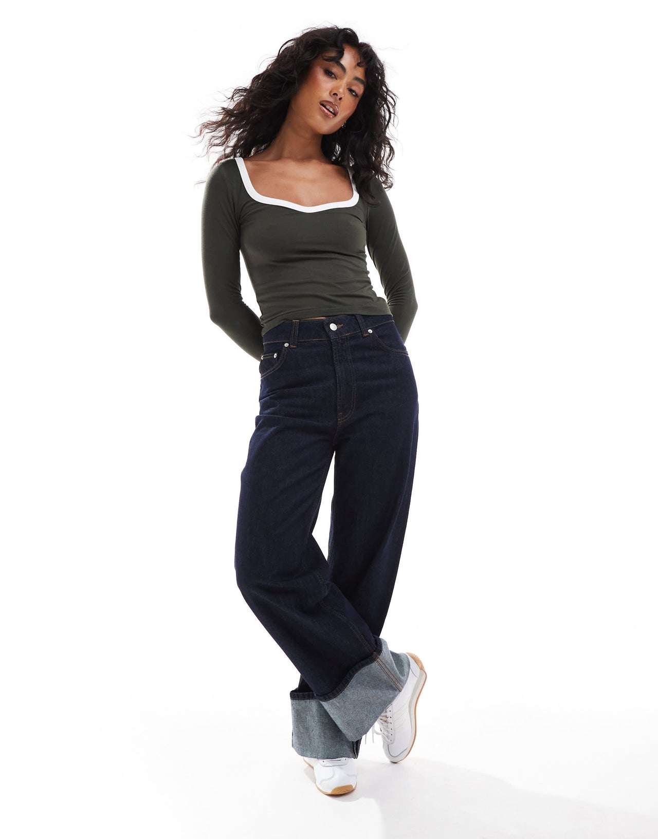 ASOS DESIGN contrast sweetheart long sleeve top in khaki