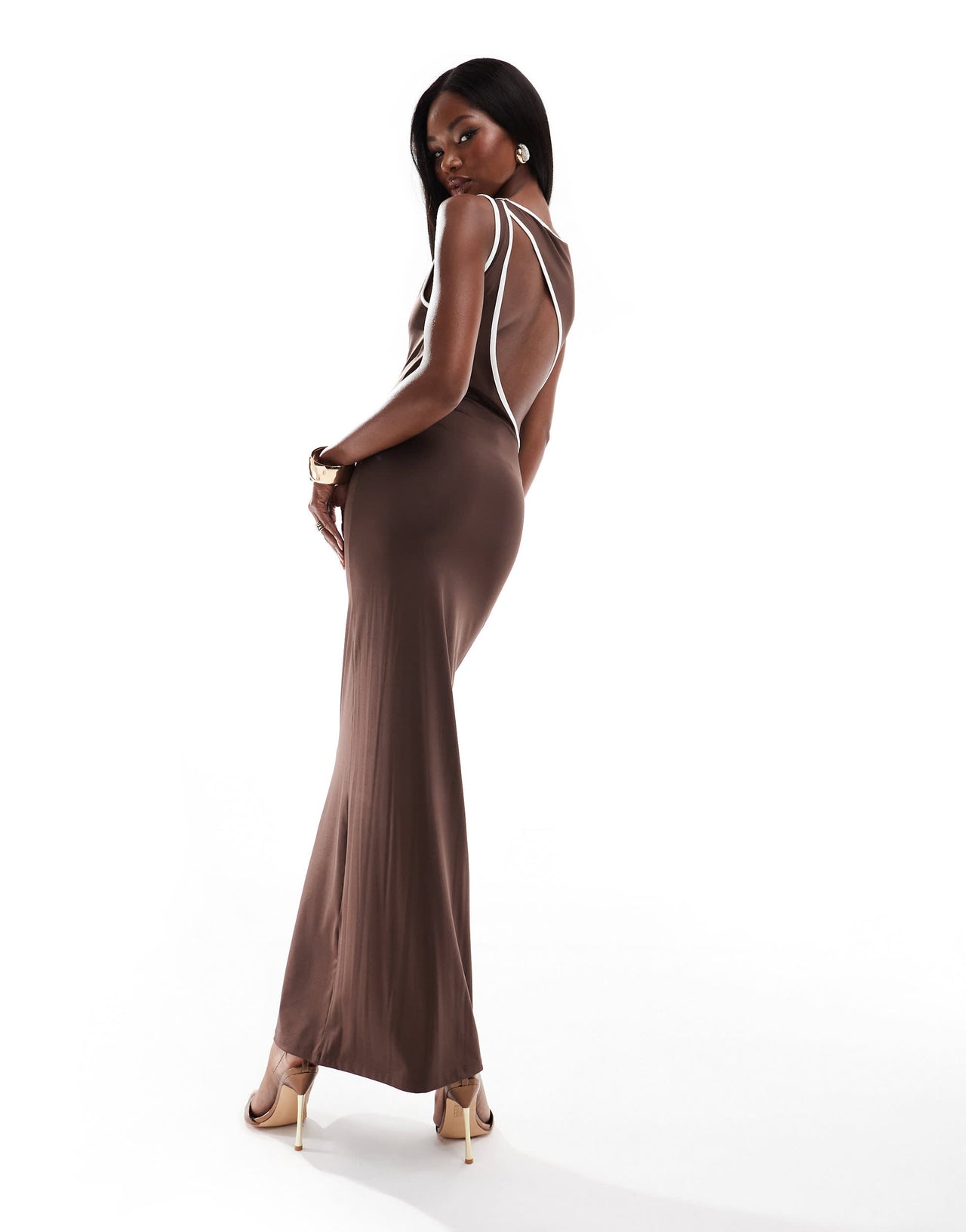 ASOS DESIGN contrast binding maxi dress with cut out in chocolate