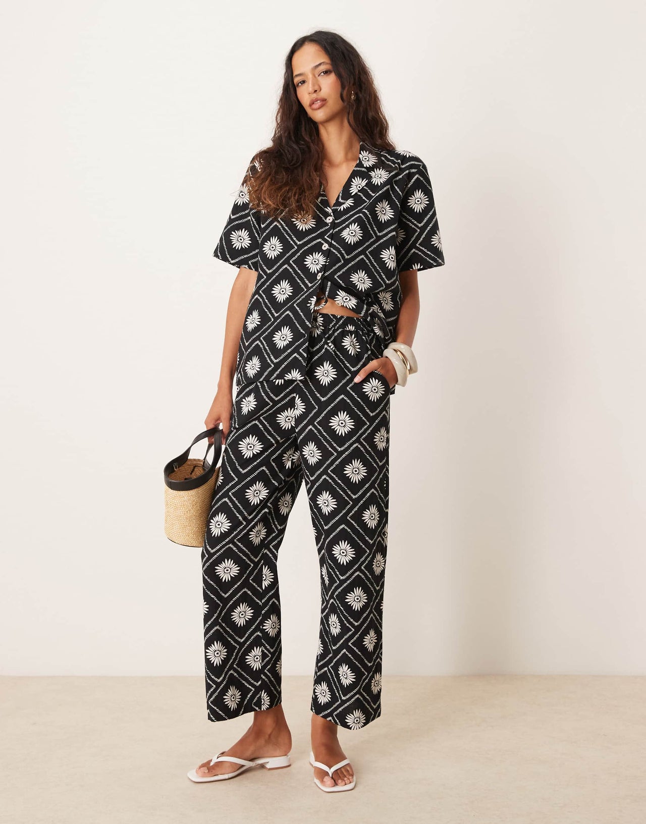 Iisla & Bird tile print loose fit beach trouser co-ord in black and white