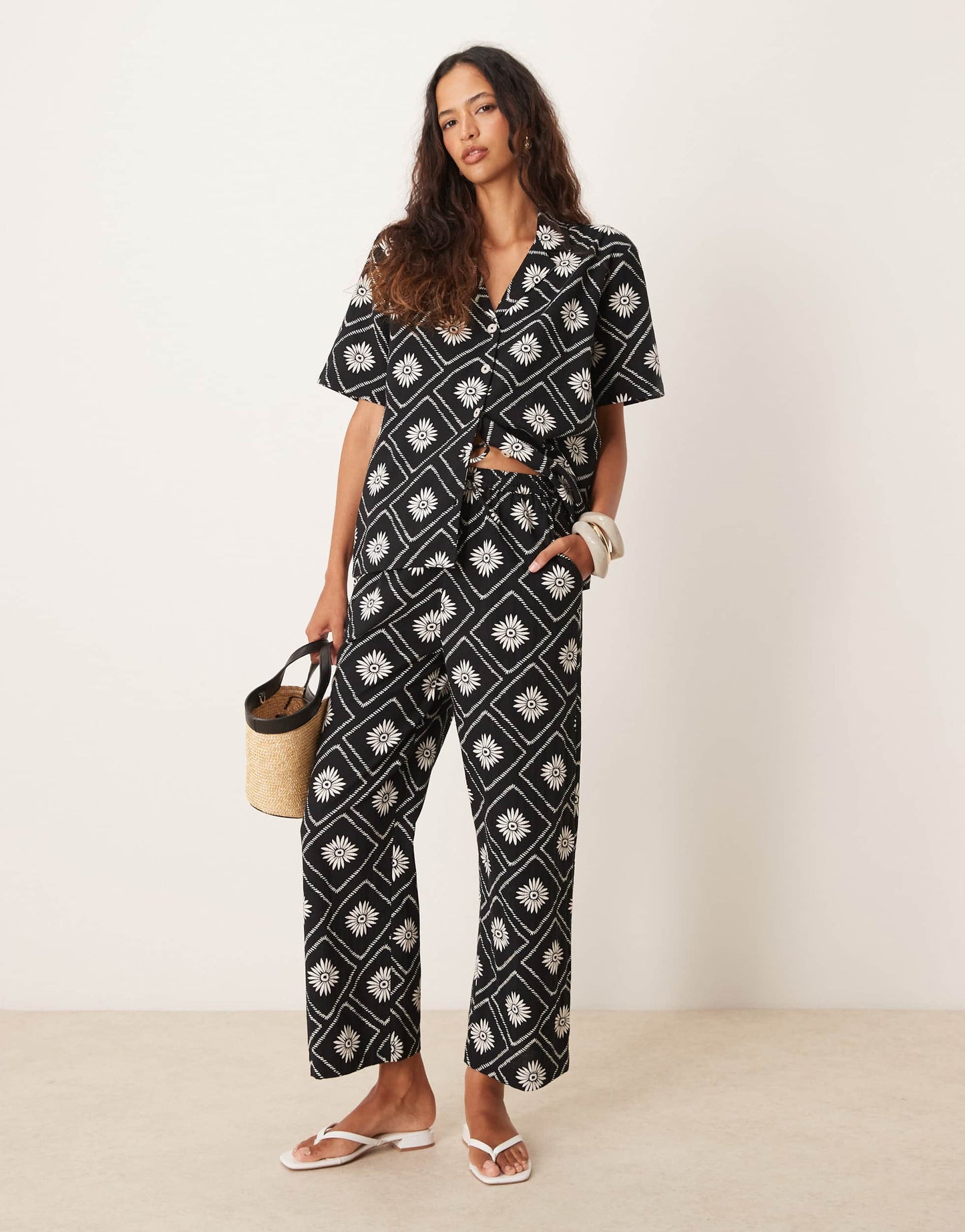 Iisla & Bird tile print loose fit beach trouser co-ord in black and white