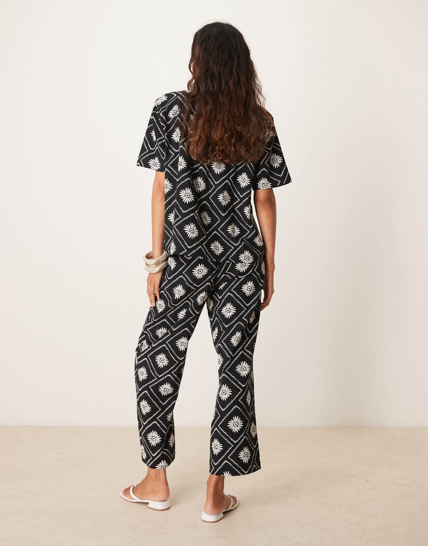 Iisla & Bird tile print loose fit beach trouser co-ord in black and white