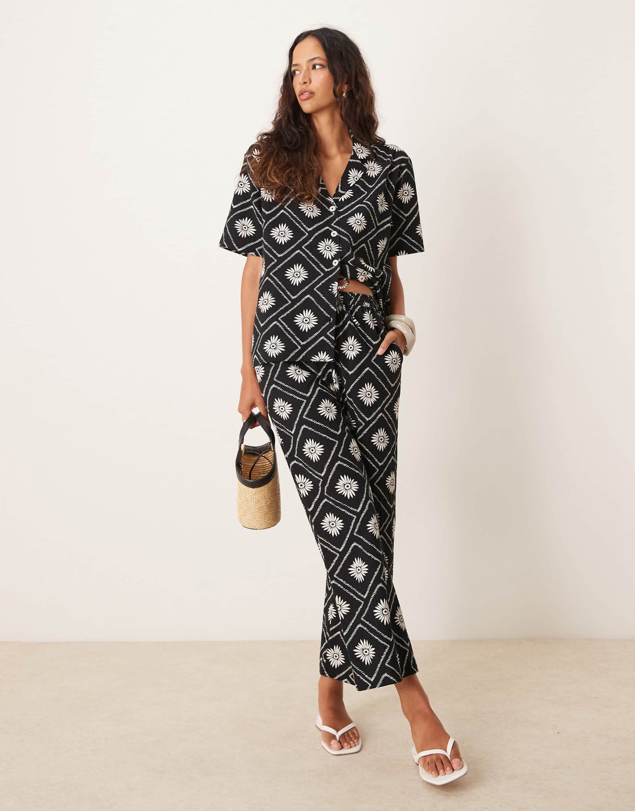 Iisla & Bird tile print loose fit beach trouser co-ord in black and white