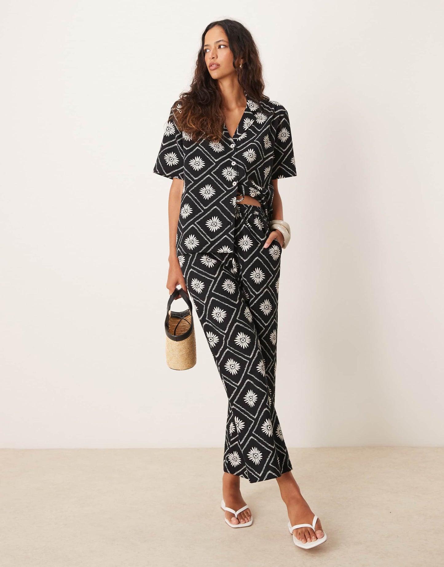 Iisla & Bird tile print loose fit beach trouser co-ord in black and white