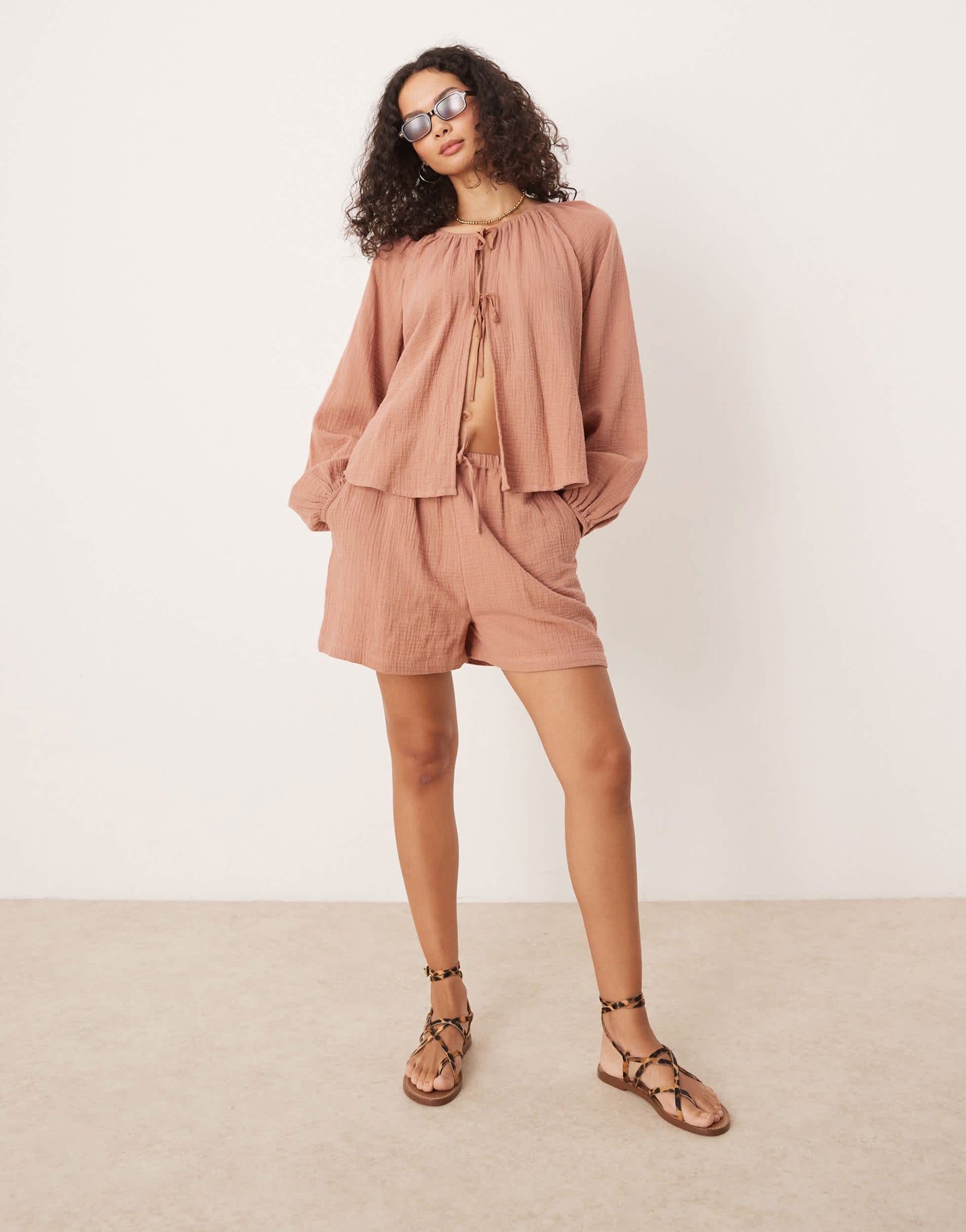 Iisla & Bird long sleeve tie front beach top co-ord in rust