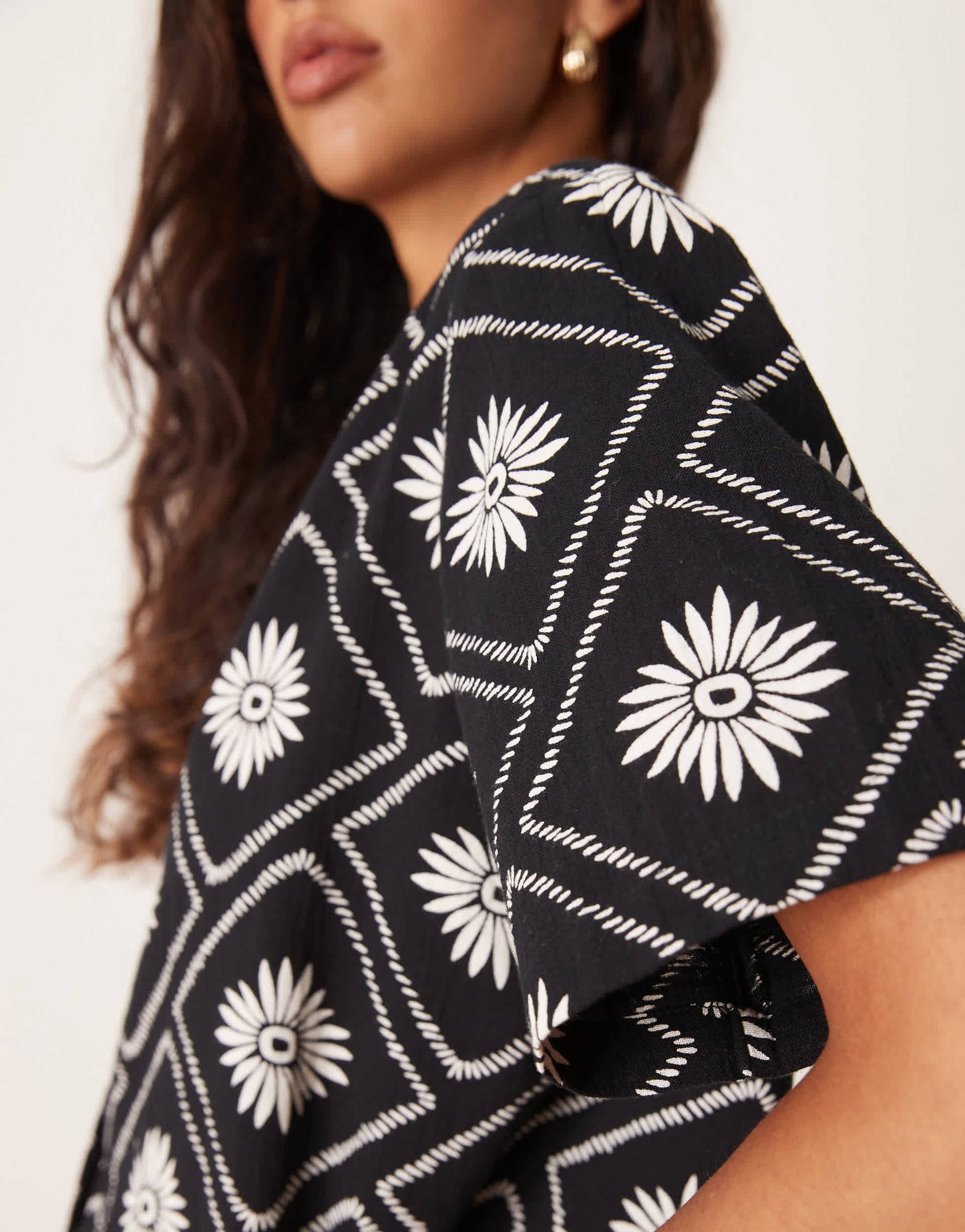 Iisla & Bird tile print short sleeve beach shirt co-ord in black and white