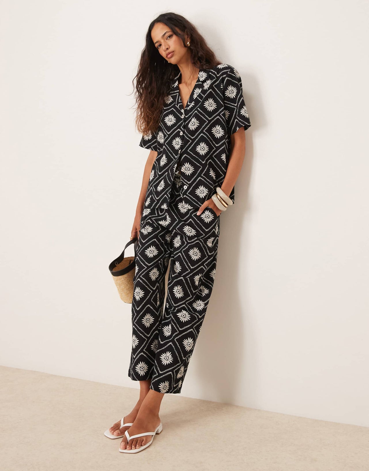 Iisla & Bird tile print short sleeve beach shirt co-ord in black and white