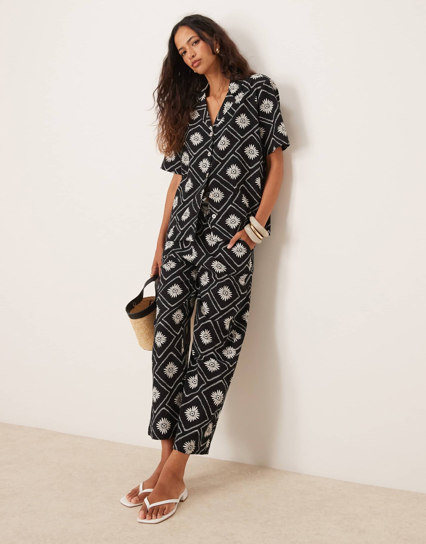 Iisla & Bird tile print short sleeve beach shirt co-ord in black and white