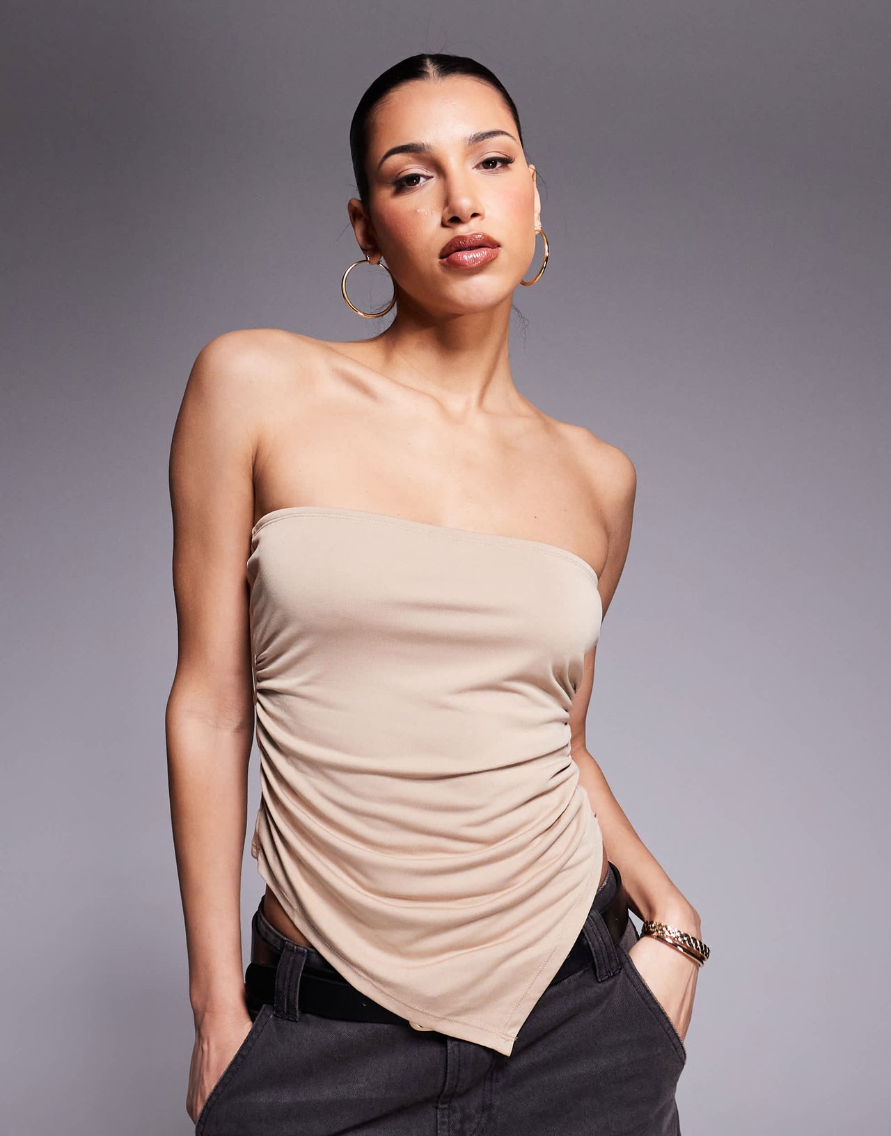 ASOS DESIGN co-ord soft handle bandeau top with ruched sides and asymmetric hem in stone