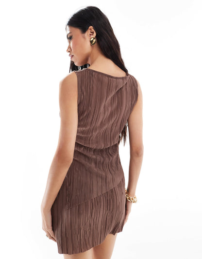 ASOS DESIGN plisse asymmetric slash neck top co ord in brown