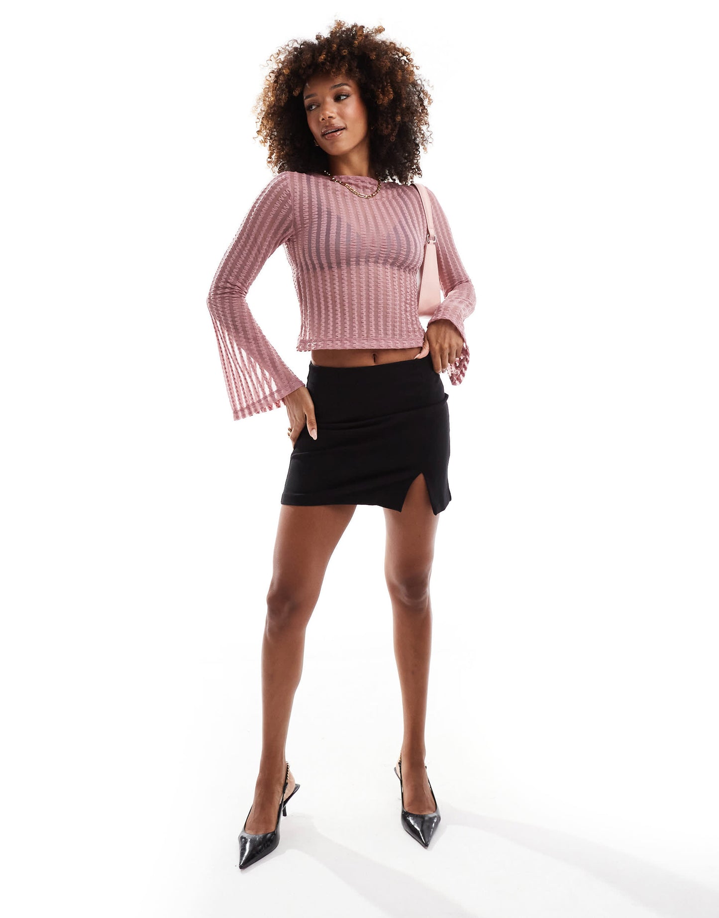 ASOS DESIGN mesh slash neck angel sleeve top in pink