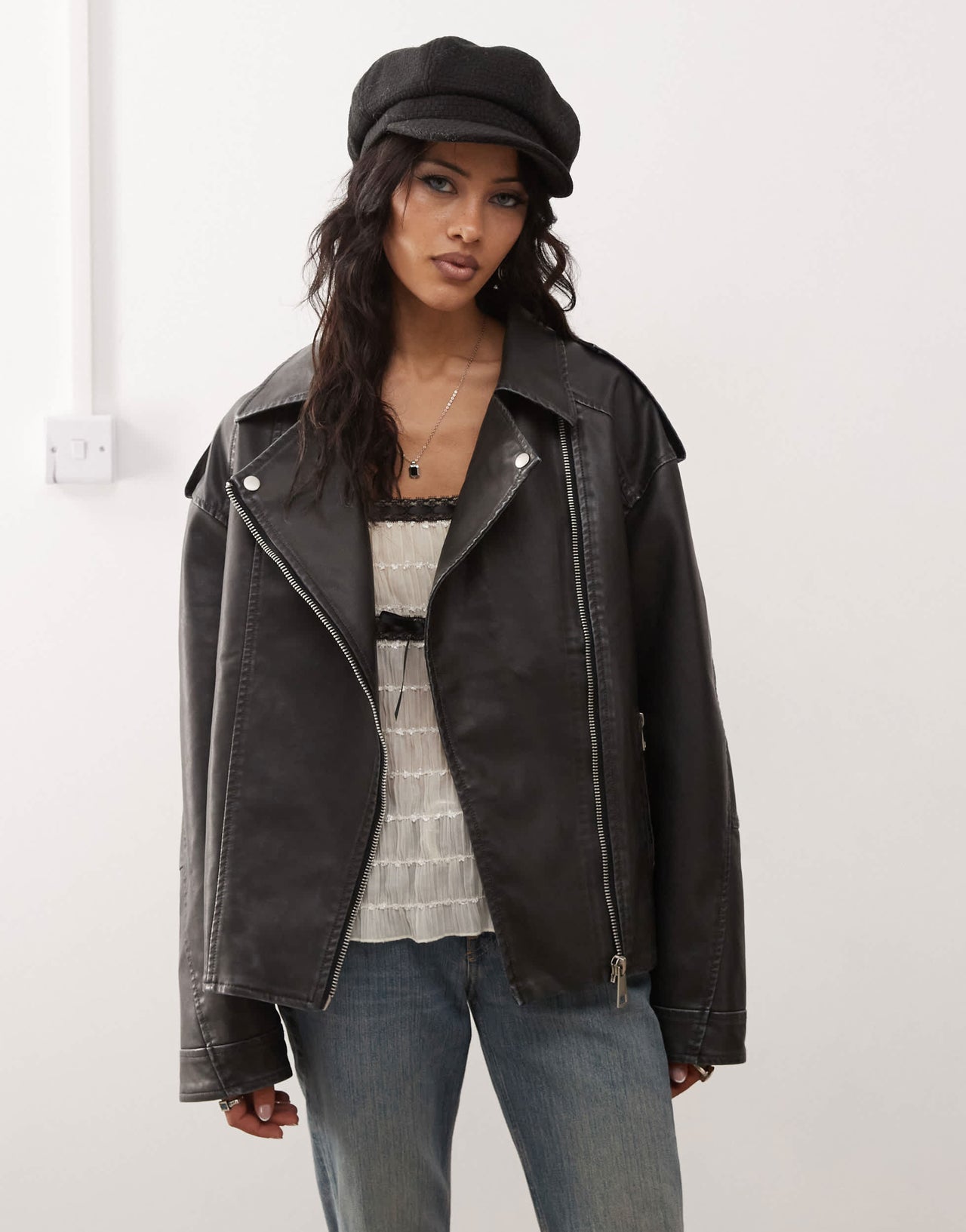 Motel zebbie distressed faux leather biker jacket in black