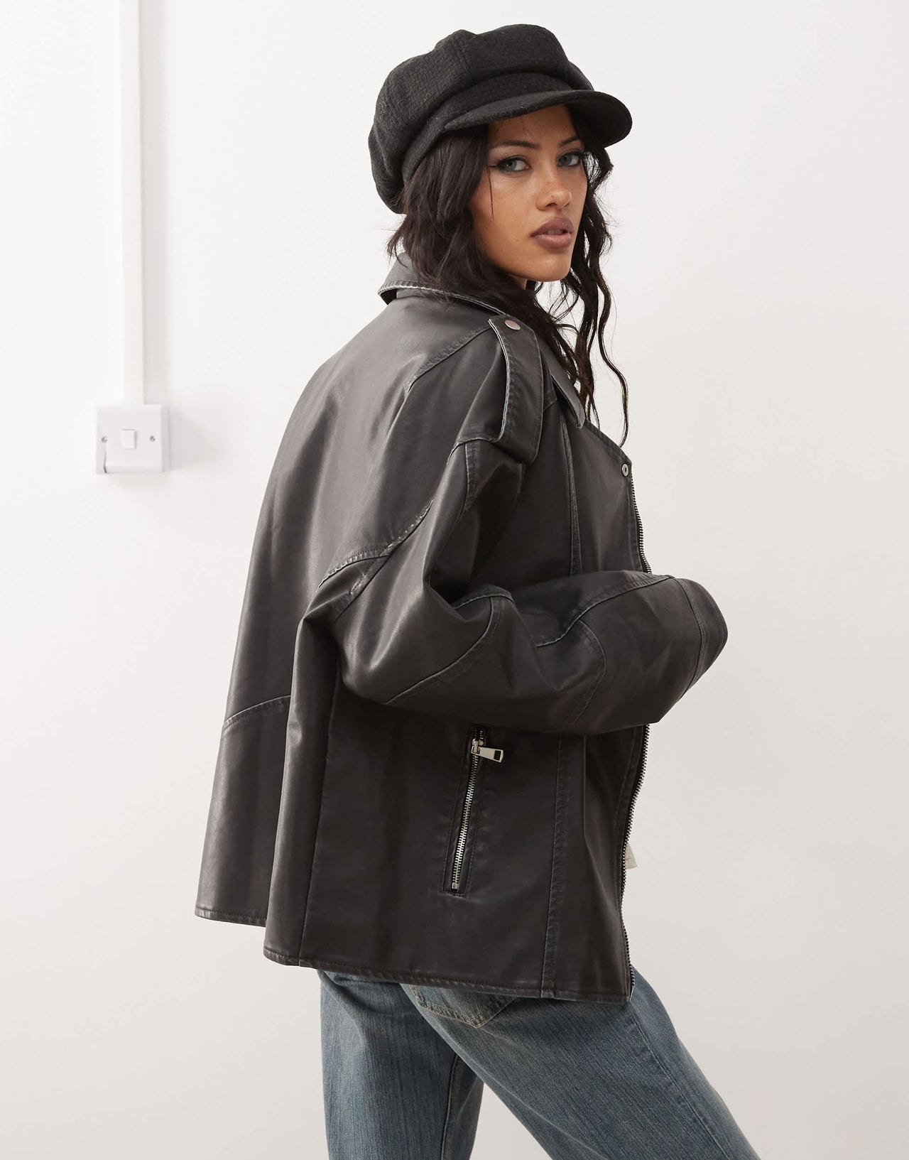 Motel zebbie distressed faux leather biker jacket in black