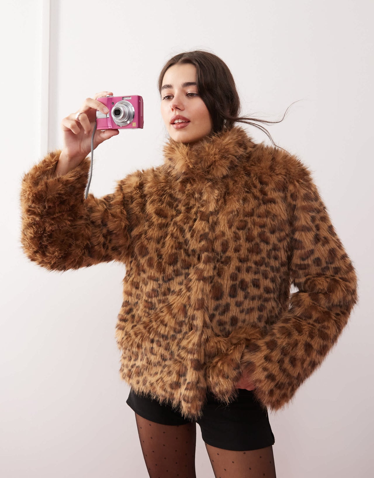 Motel joji crop faux fur leopard print jacket in brown