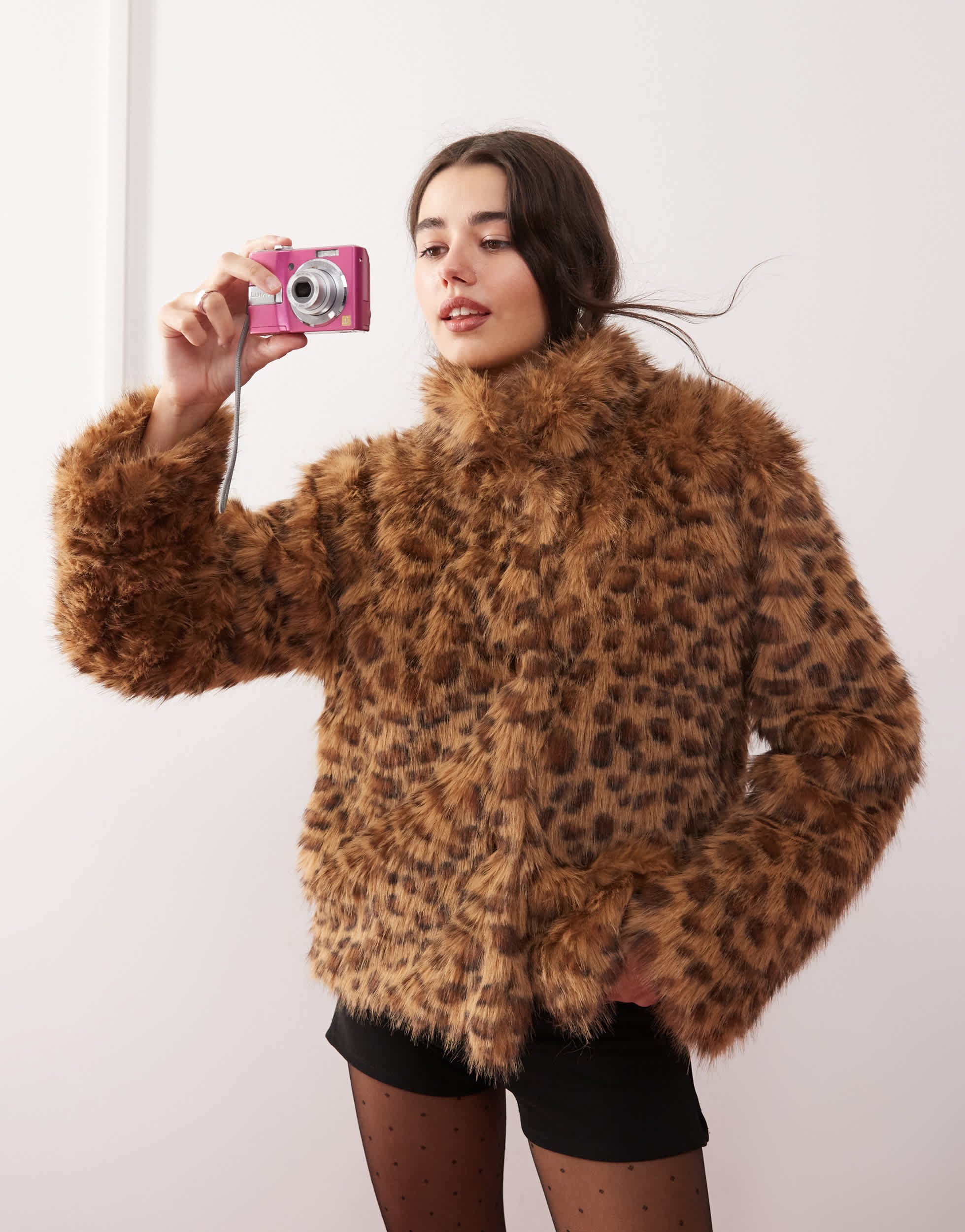 Motel joji crop faux fur leopard print jacket in brown