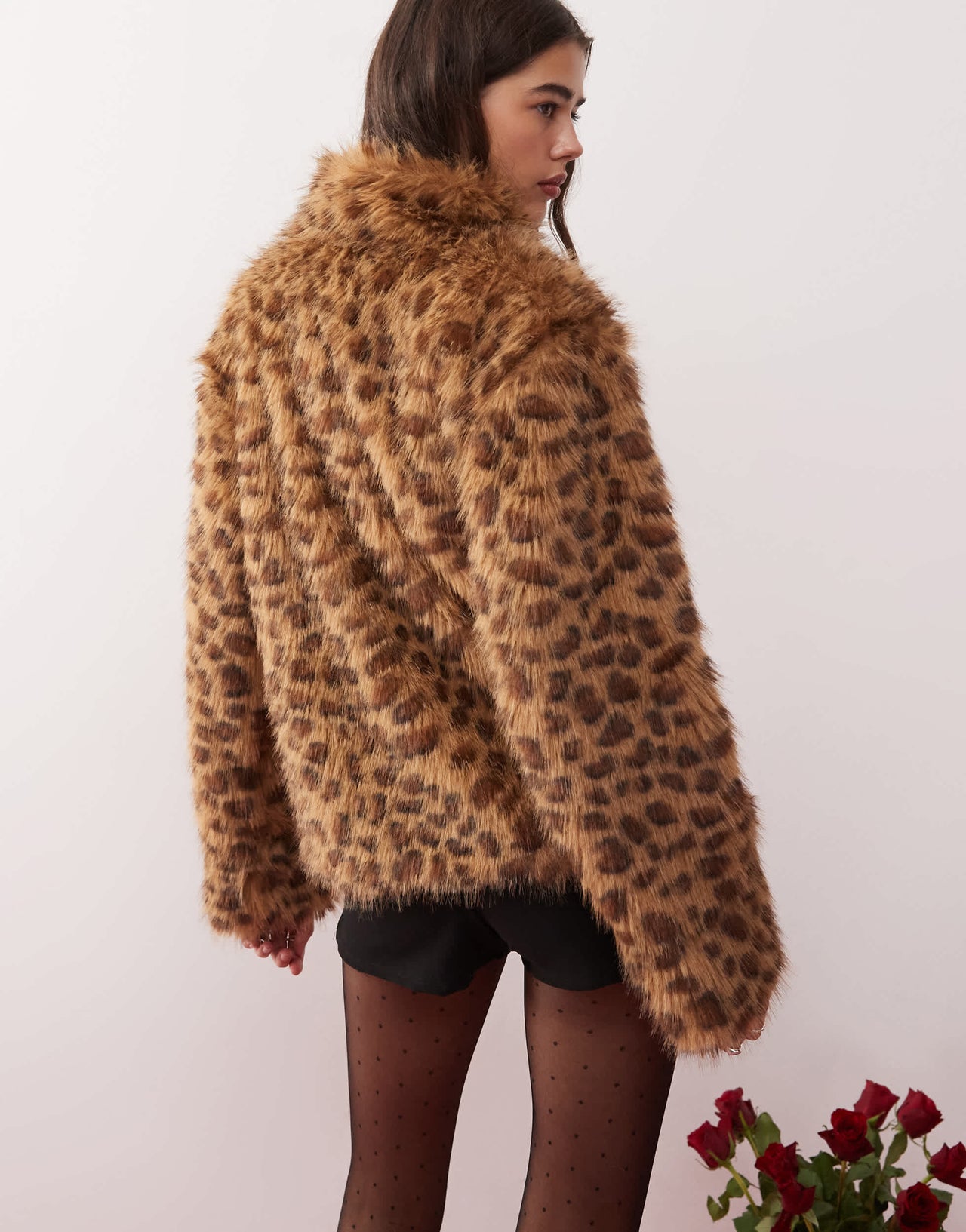 Motel joji crop faux fur leopard print jacket in brown