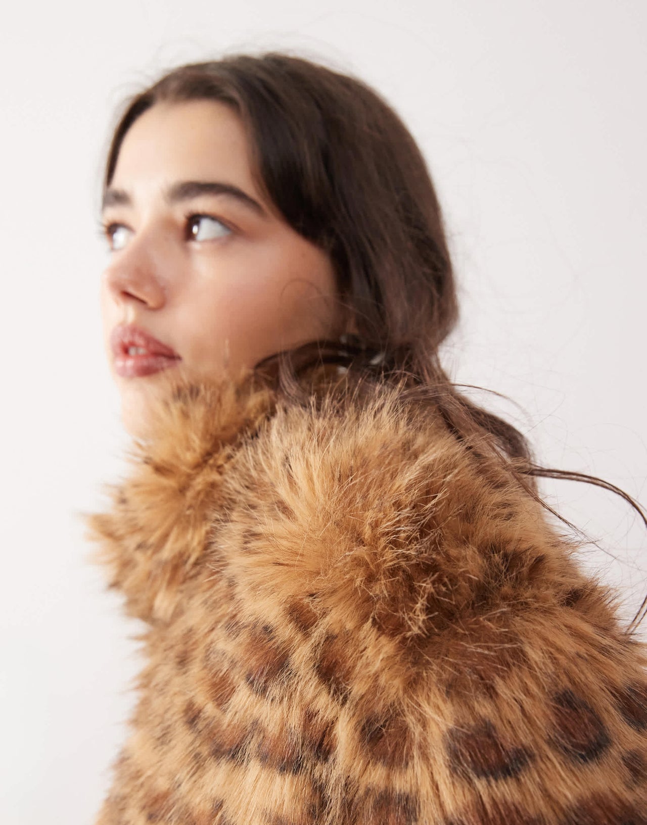 Motel joji crop faux fur leopard print jacket in brown