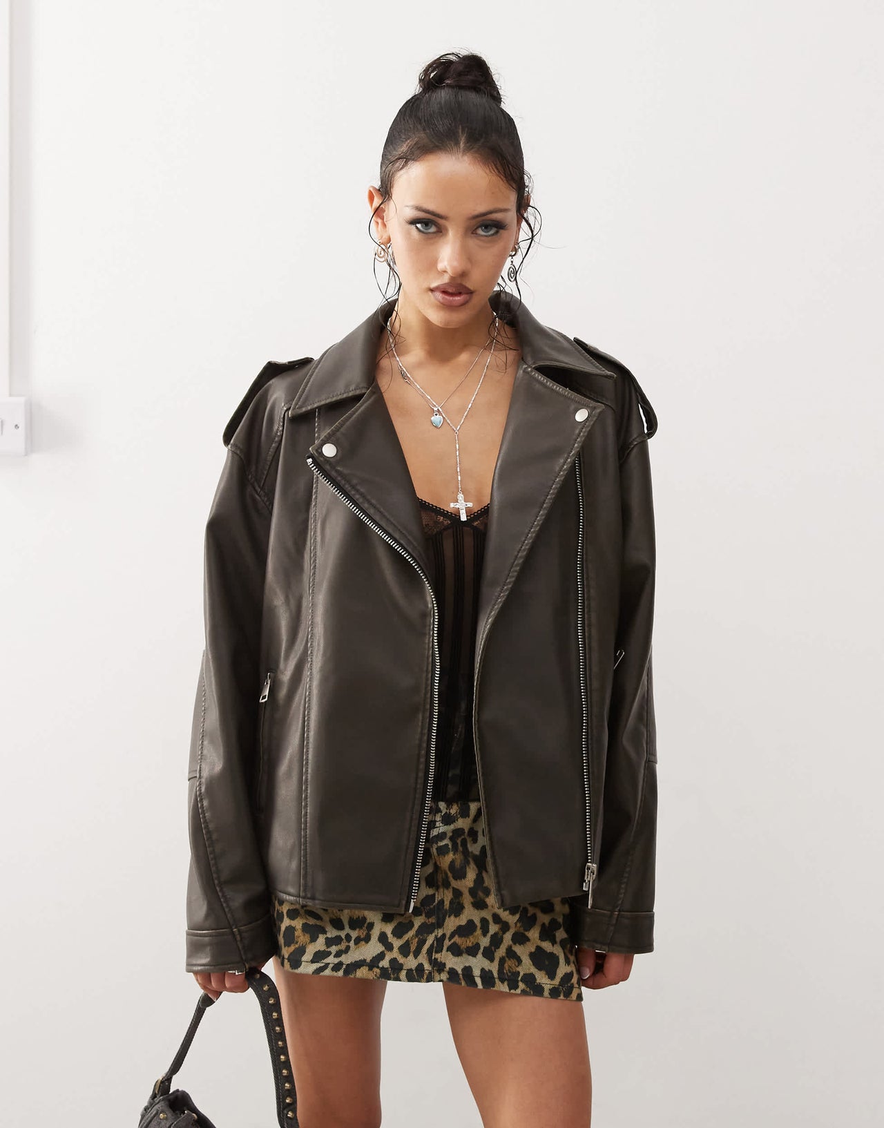 Motel zebbie distressed faux leather biker jacket in olive