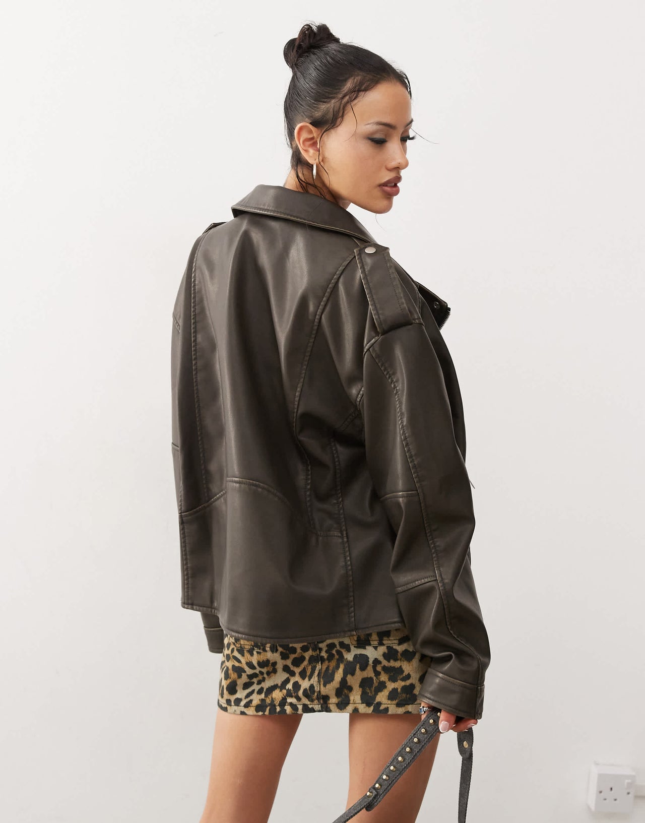 Motel zebbie distressed faux leather biker jacket in olive