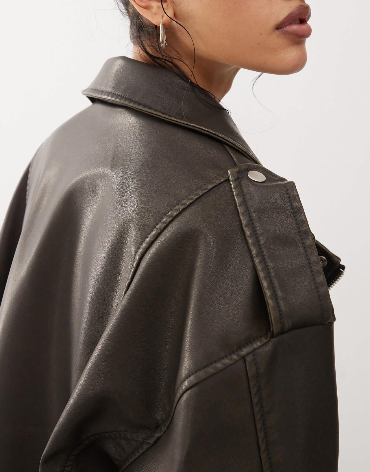 Motel zebbie distressed faux leather biker jacket in olive