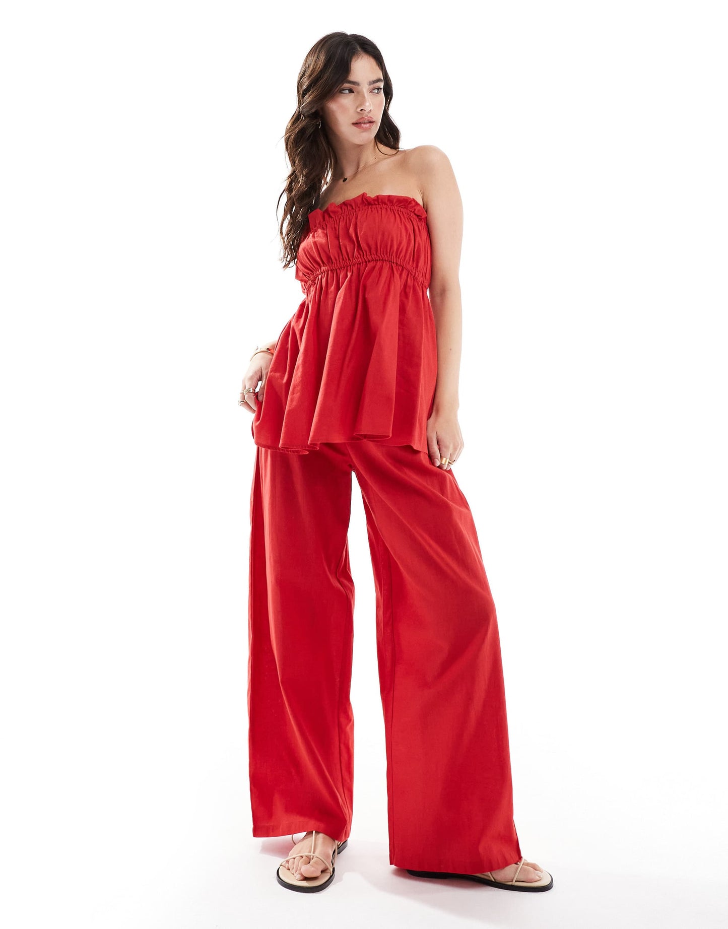 Esmee Exclusive ruched bandeau linen look top in red