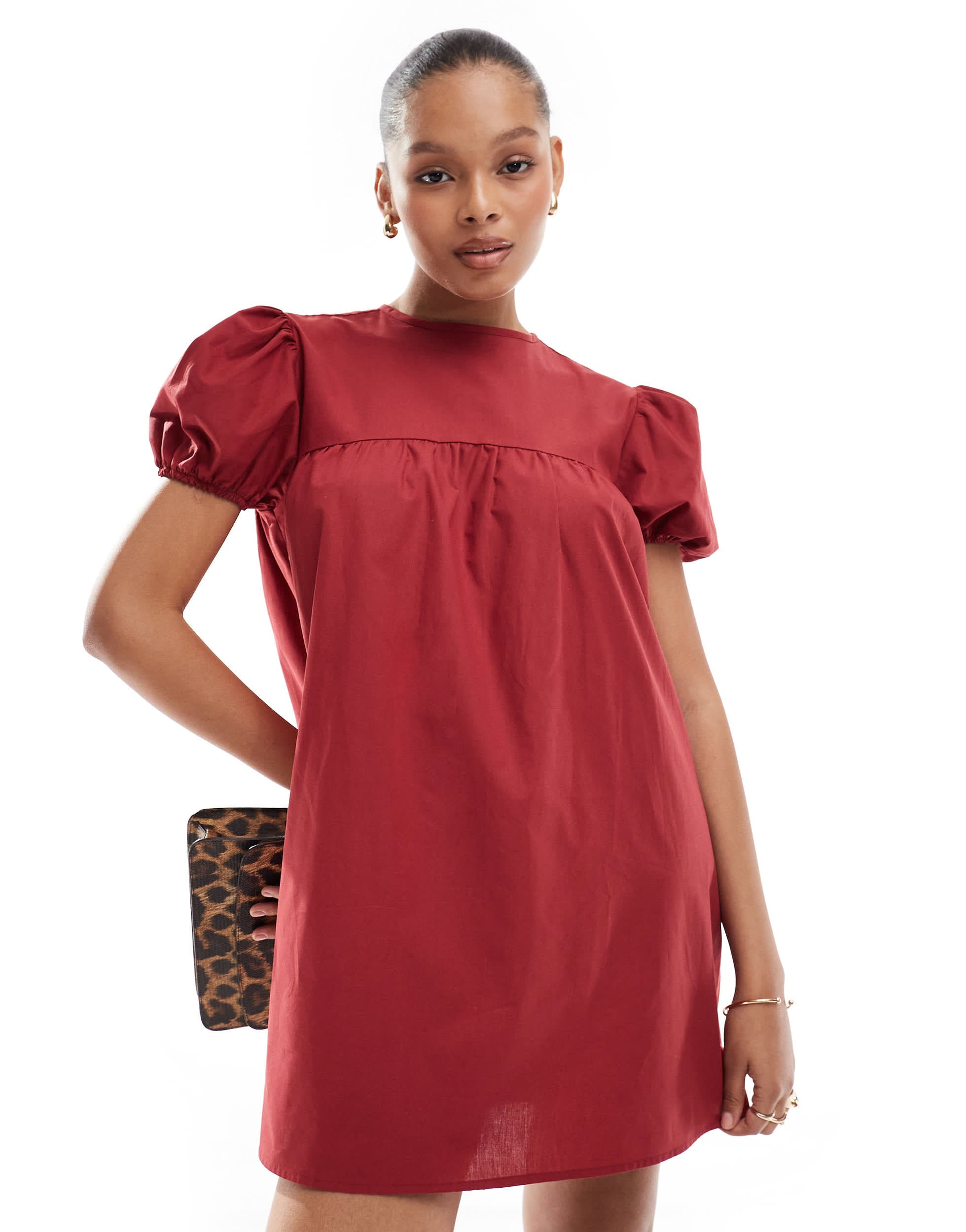 ASOS DESIGN poplin babydoll smock dress with puff sleeve in red
