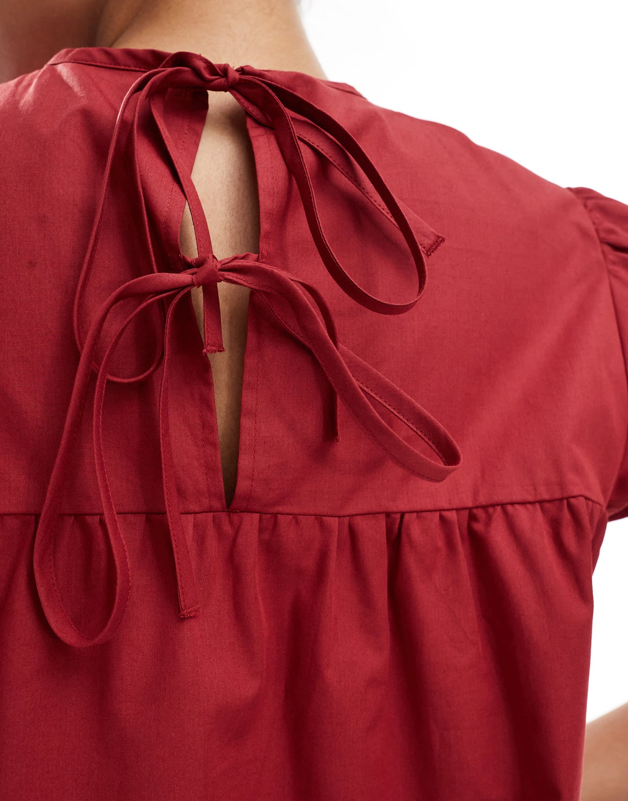 ASOS DESIGN poplin babydoll smock dress with puff sleeve in red