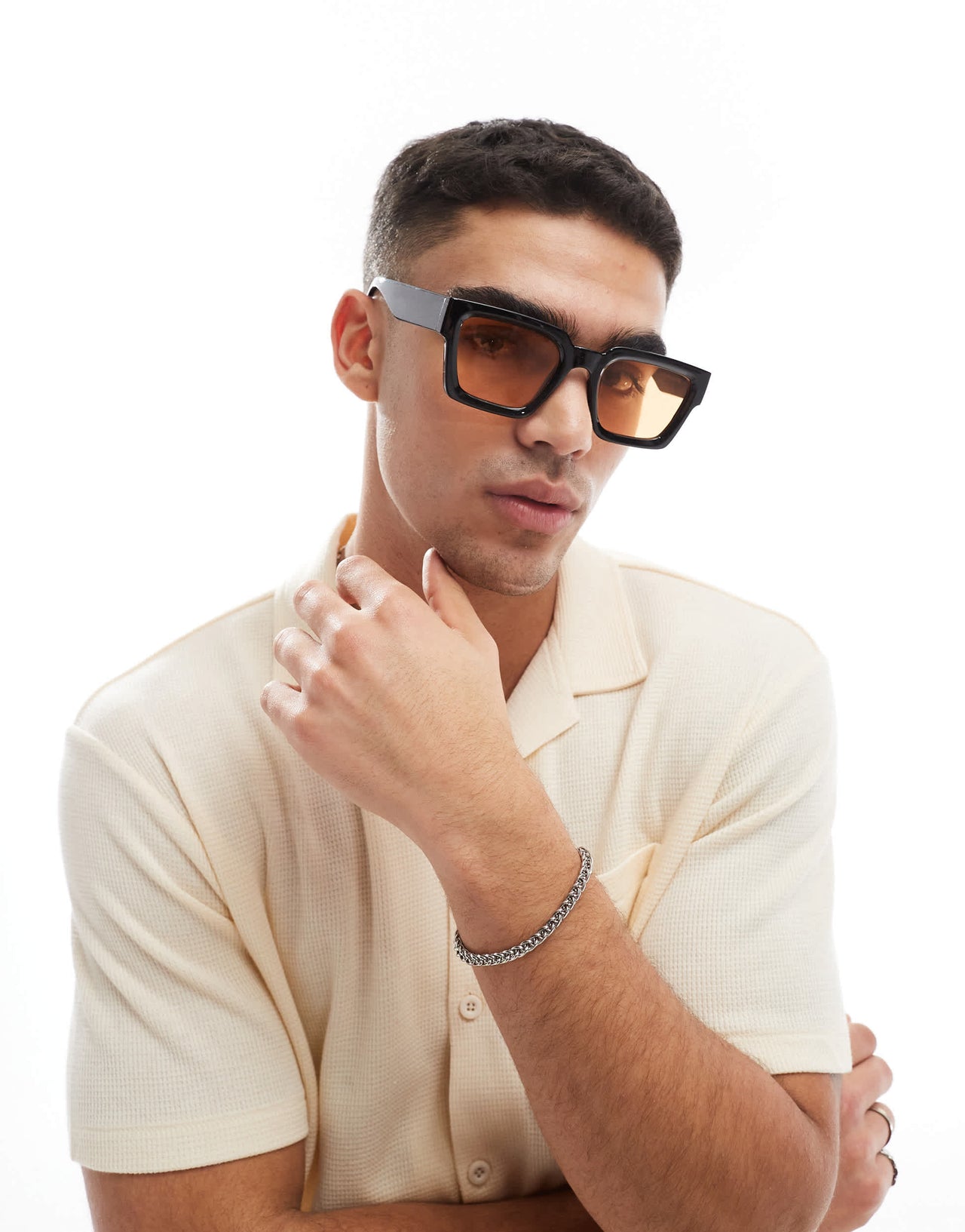 ASOS DESIGN square sunglasses with bevel frame and amber lens in black