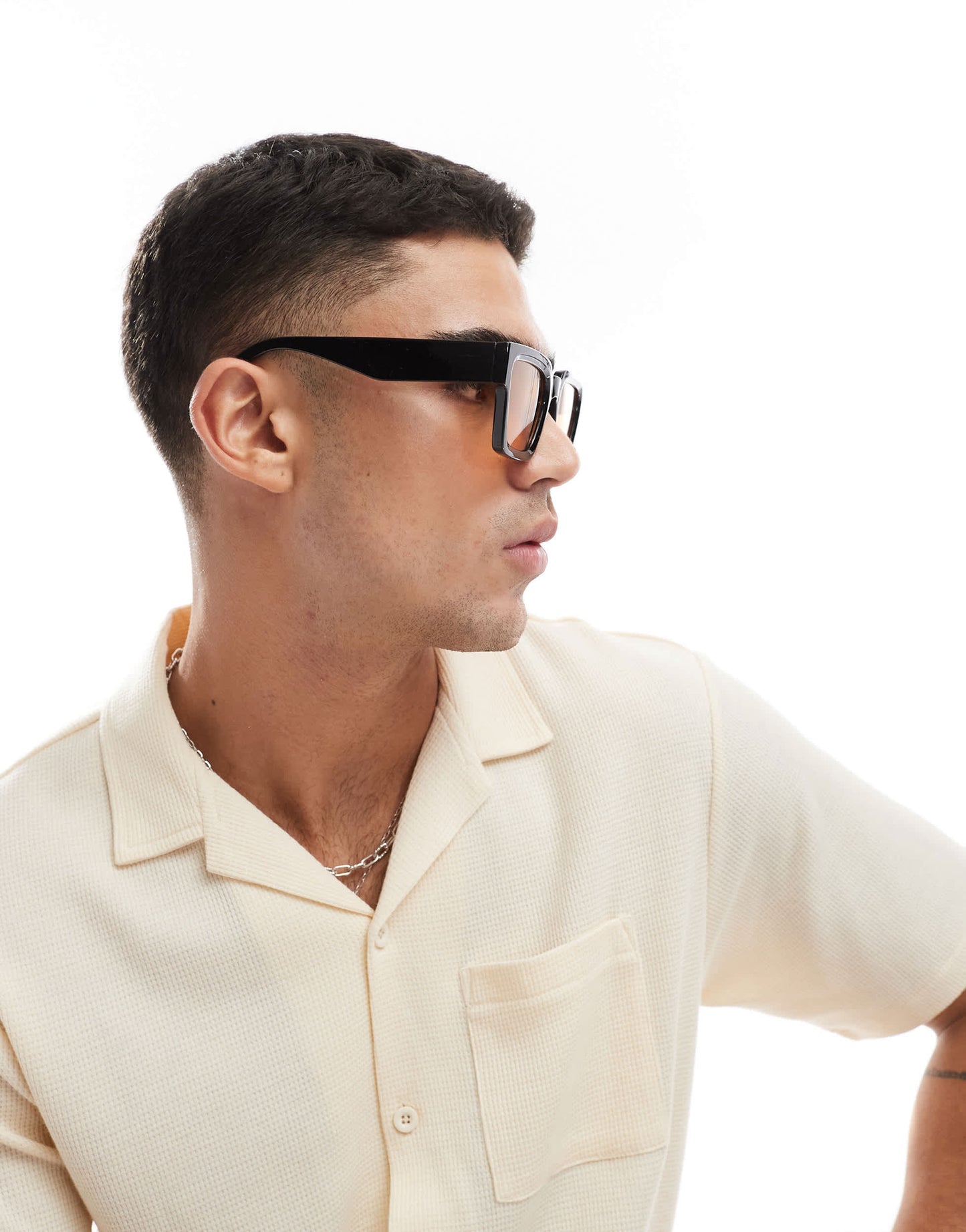 ASOS DESIGN square sunglasses with bevel frame and amber lens in black