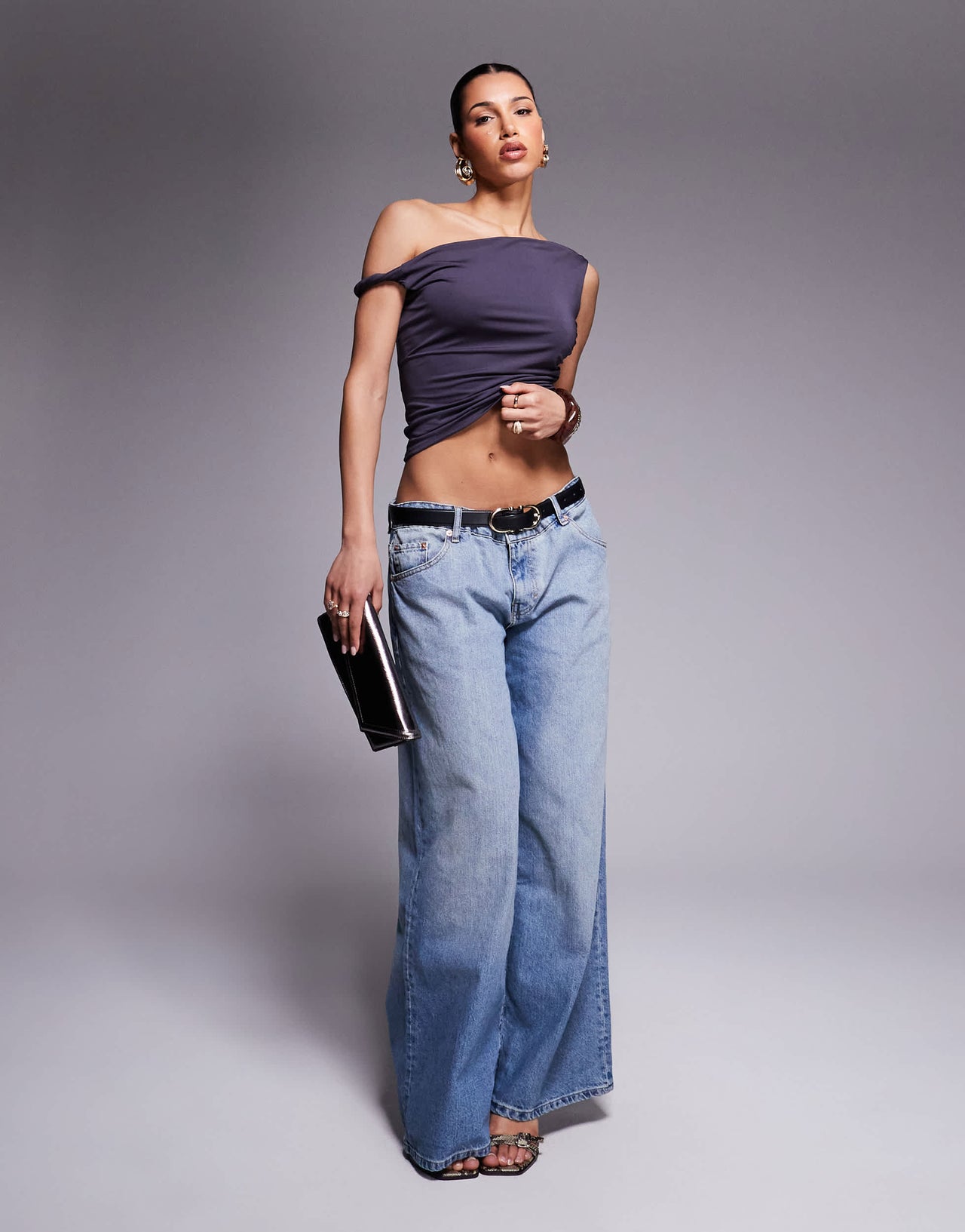 ASOS DESIGN slinky twisted off the shoulder asymmetric top in slate grey