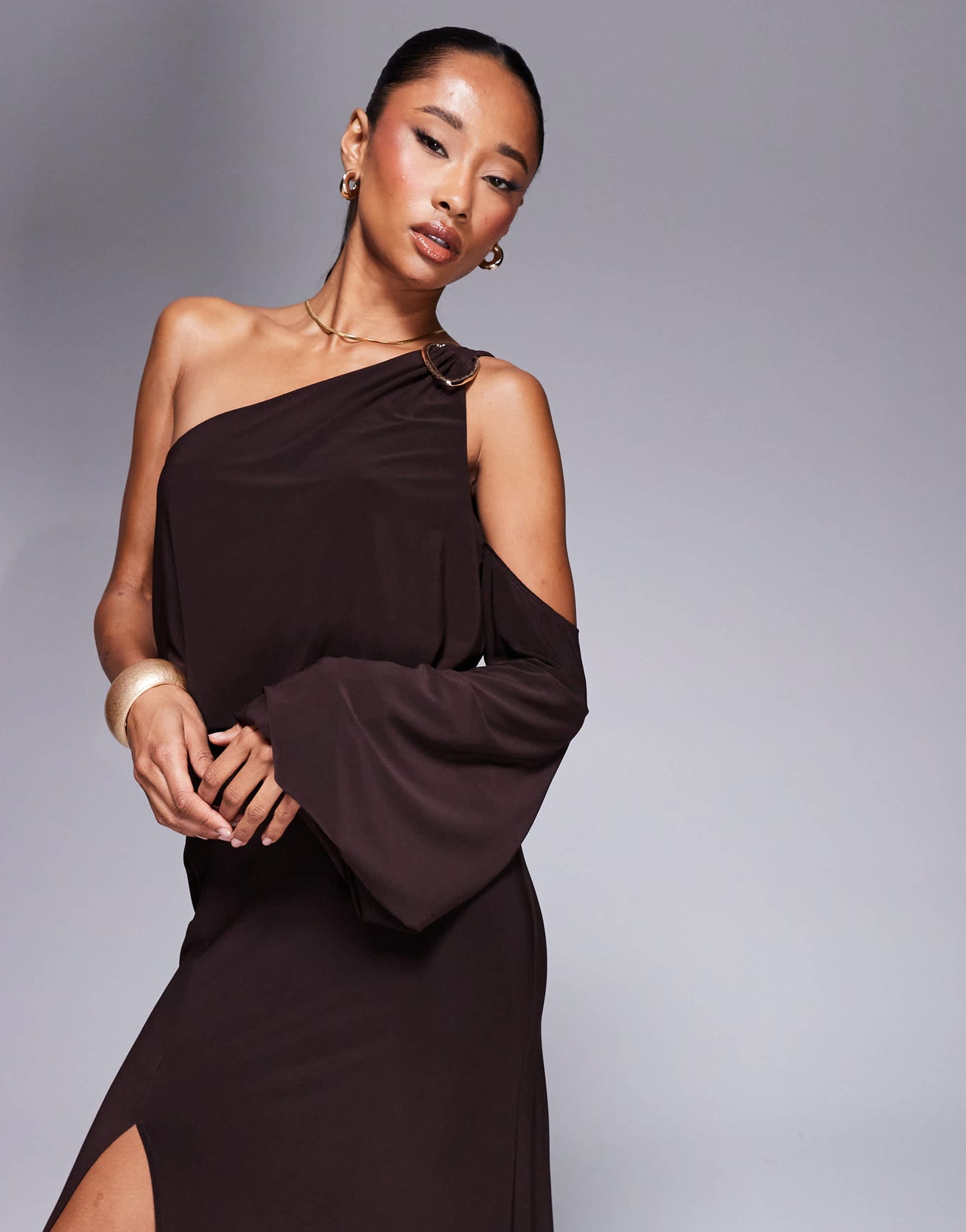 ASOS DESIGN slinky asymmetric drape maxi dress with oversized trim in chocolate