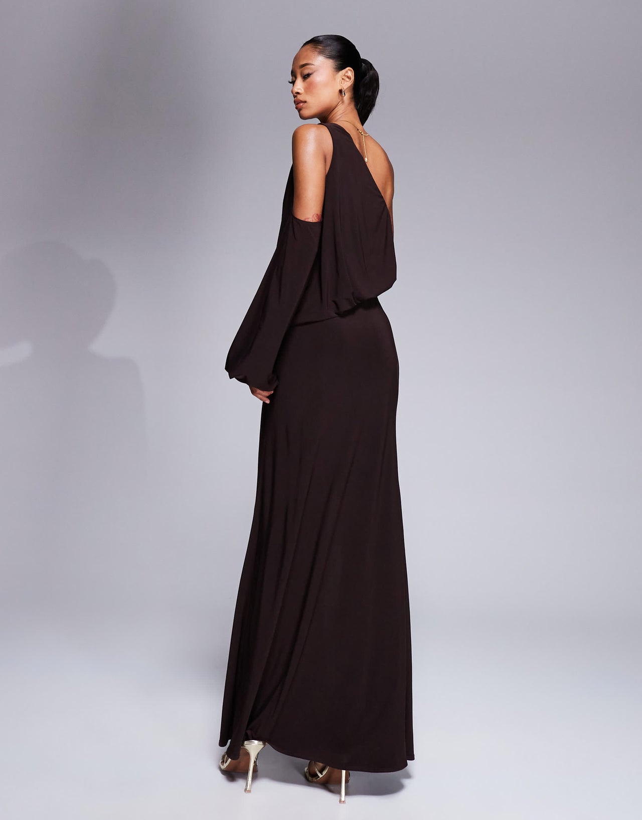 ASOS DESIGN slinky asymmetric drape maxi dress with oversized trim in chocolate