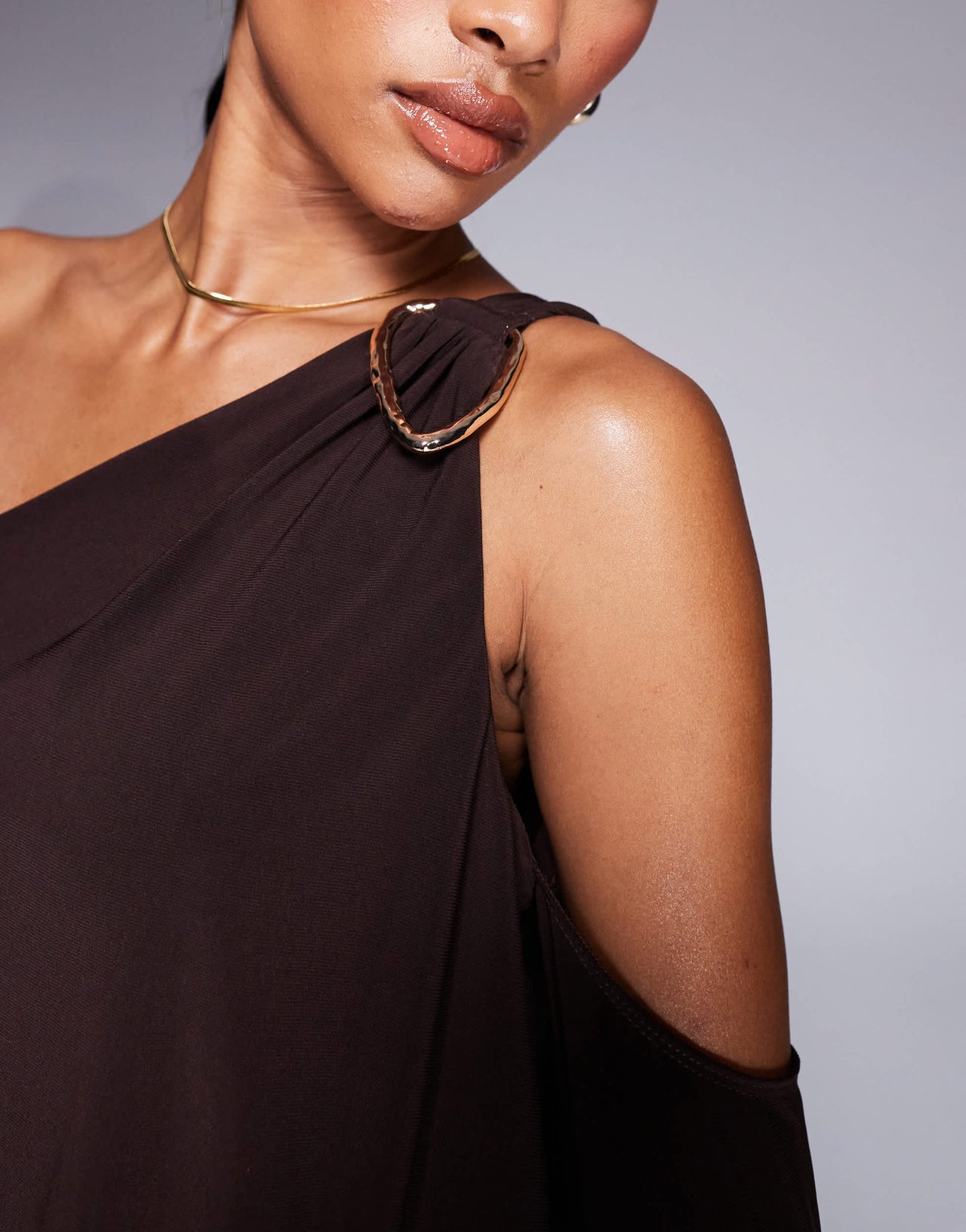 ASOS DESIGN slinky asymmetric drape maxi dress with oversized trim in chocolate