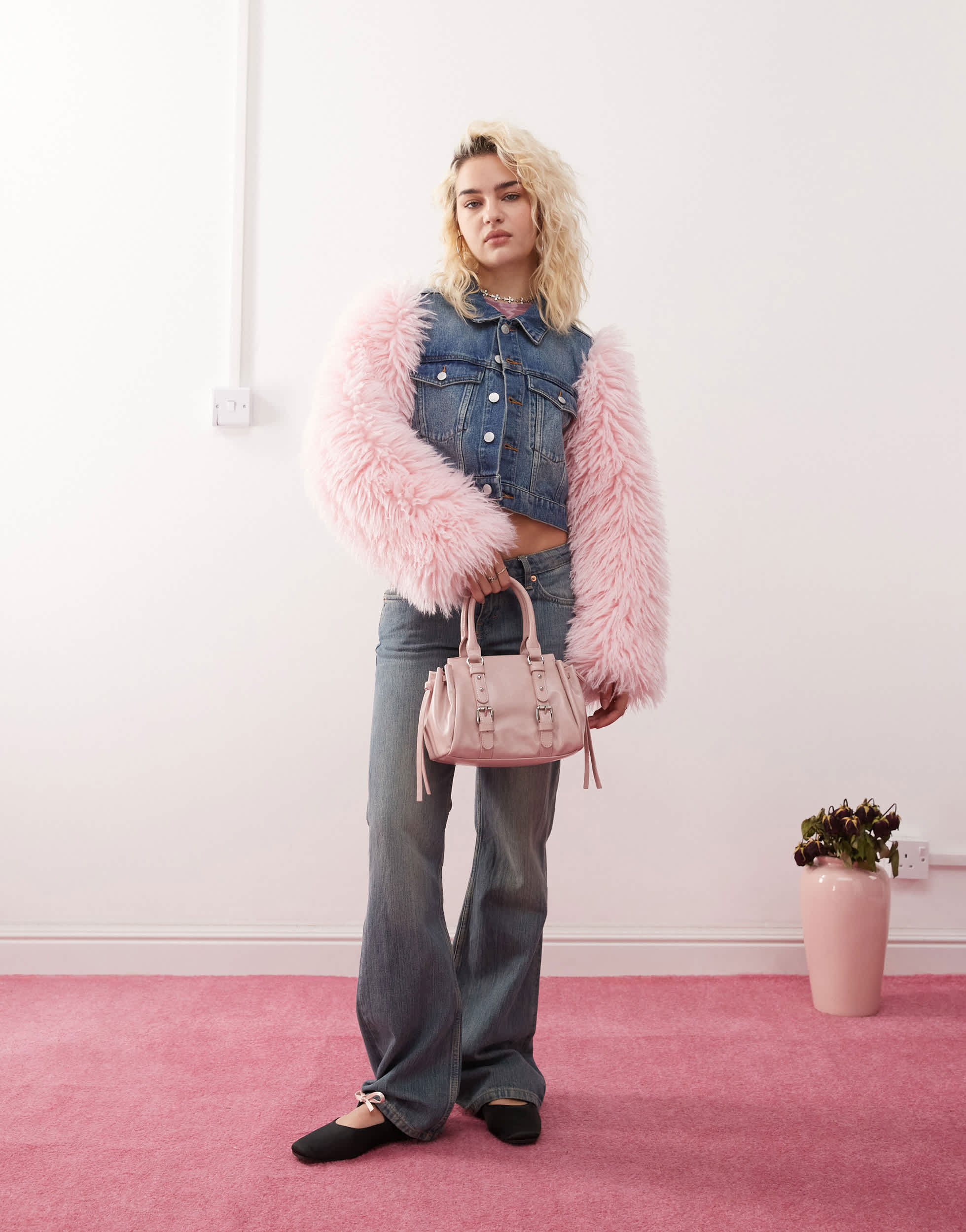 Monki denim jacket in mid wash blue with pink faux fur sleeves