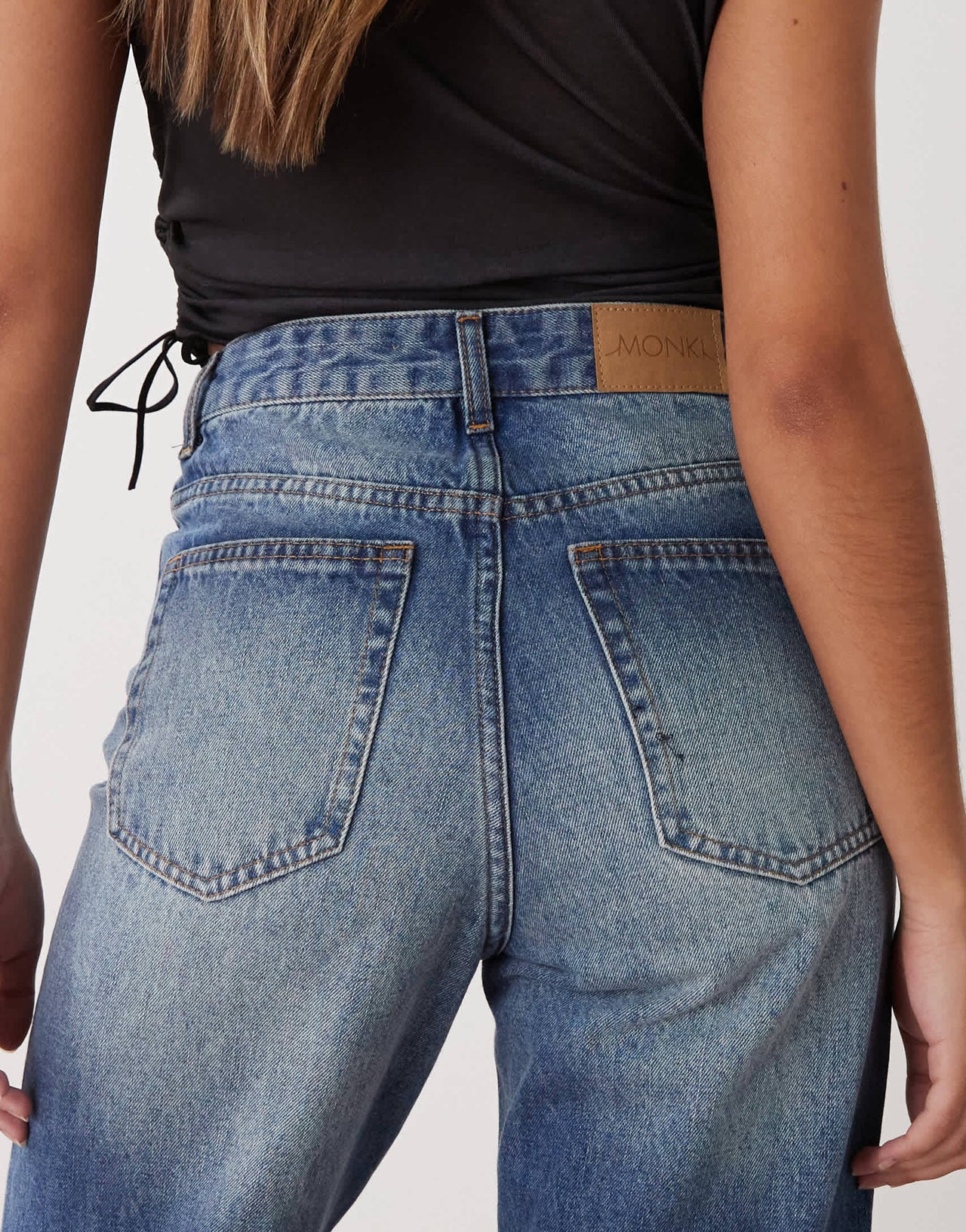 Monki Aimo mid waist straight leg jeans in faded mid blue wash