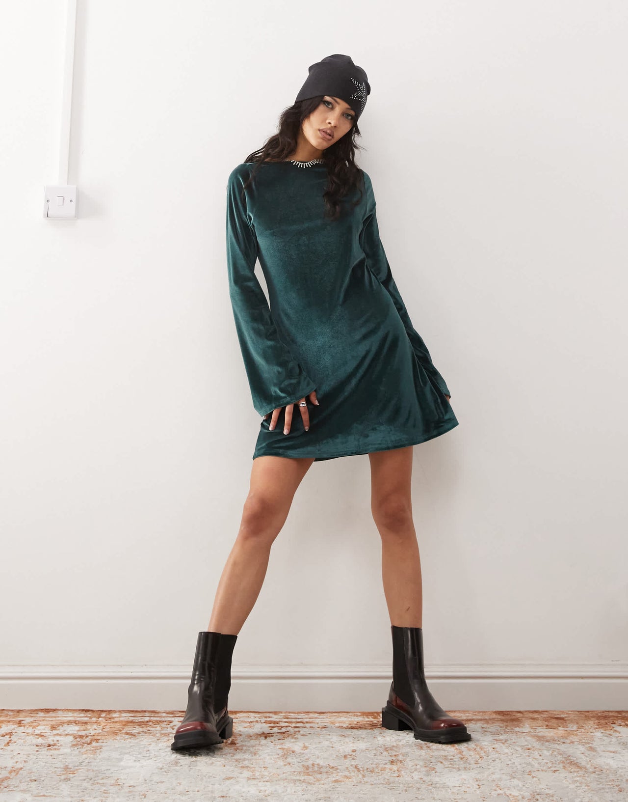 Monki long sleeve velvet mini dress in green