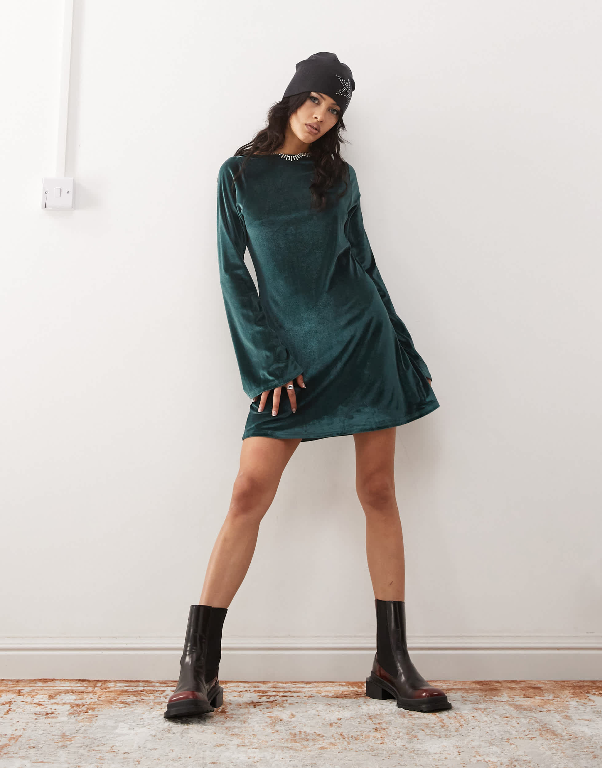 Monki long sleeve velvet mini dress in green