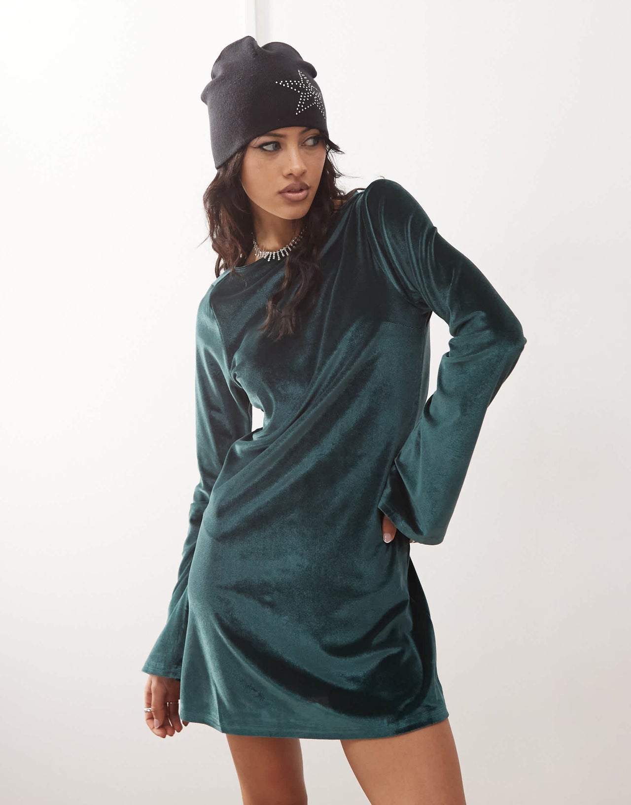 Monki long sleeve velvet mini dress in green