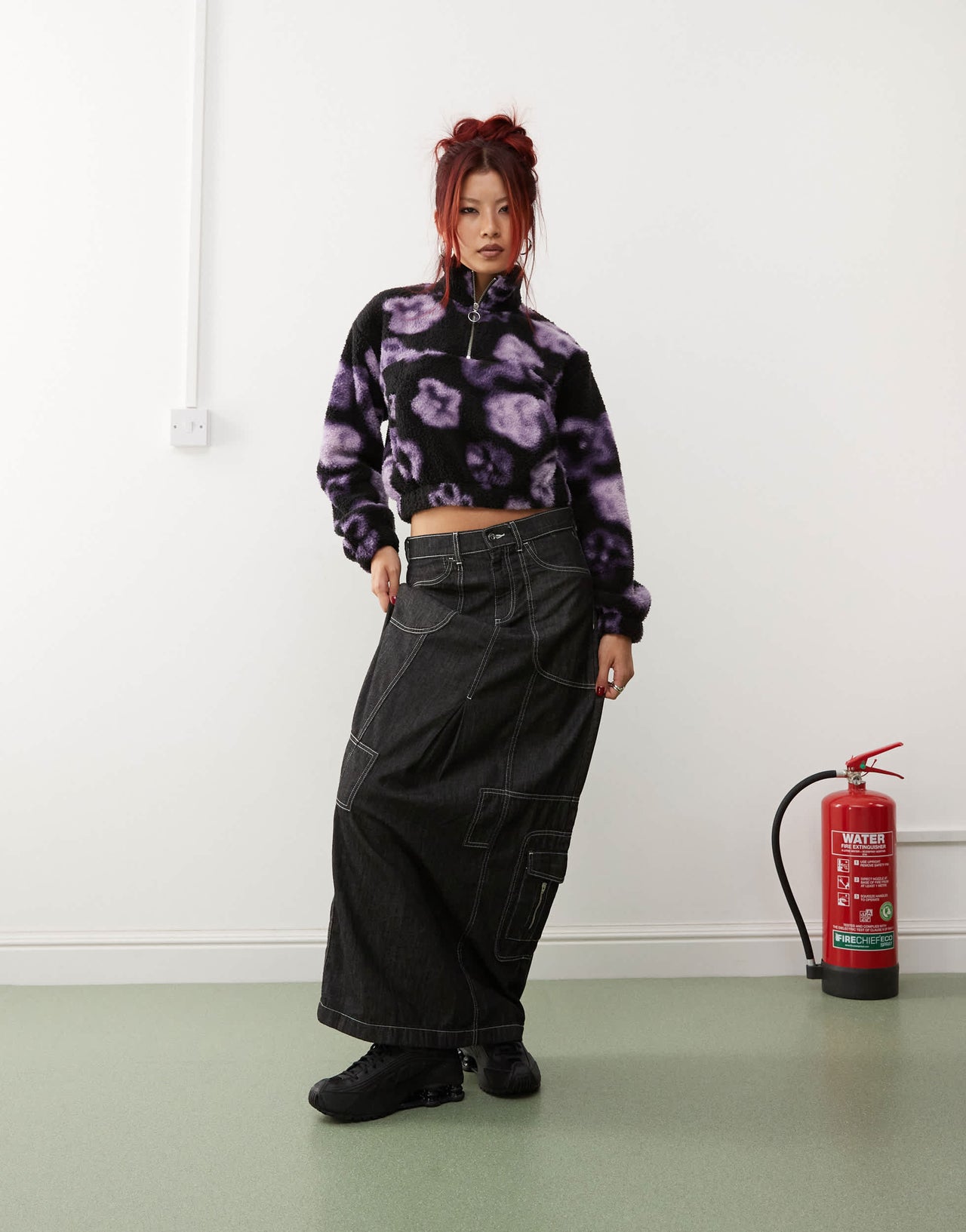 Monki borg half zip up fleece sweatshirt in black flower print