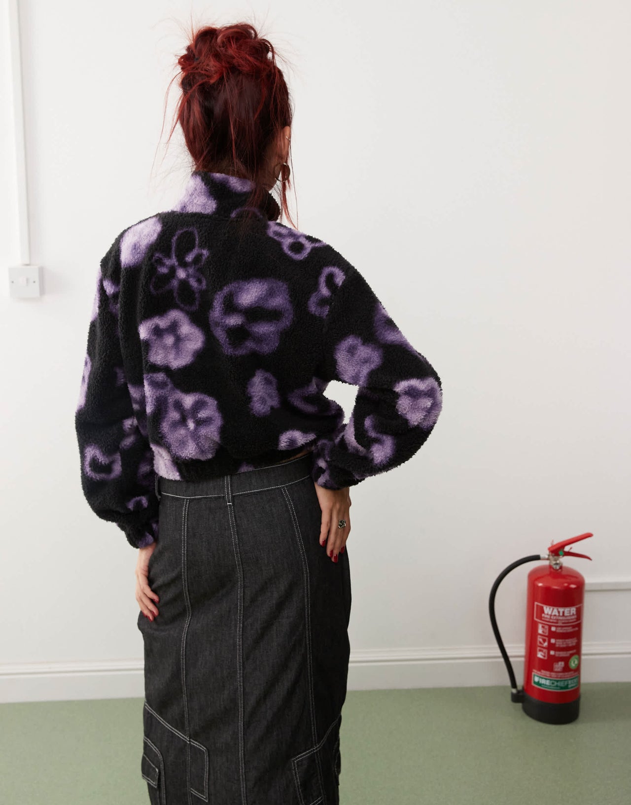 Monki borg half zip up fleece sweatshirt in black flower print