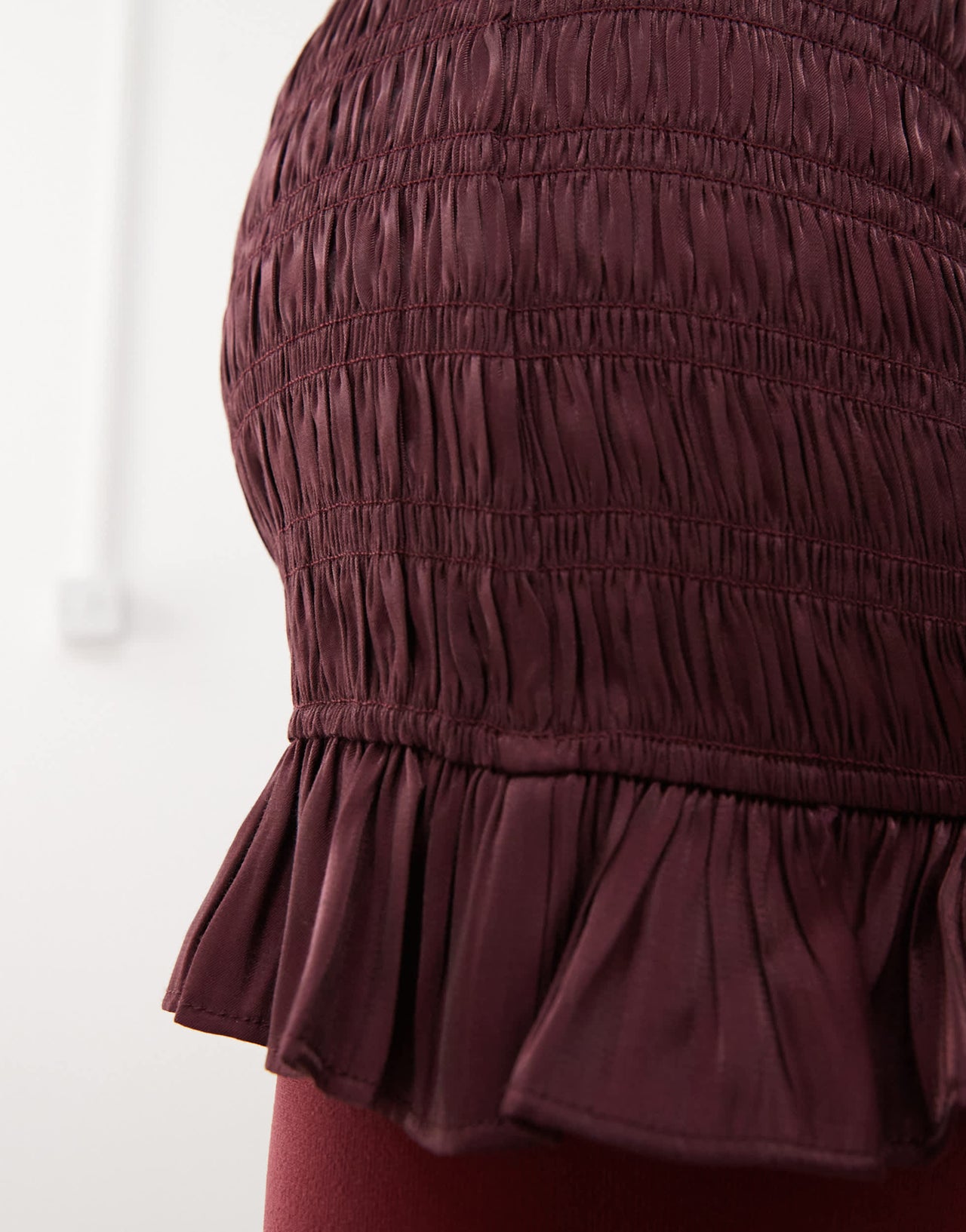 Monki sleeveless satin shirred dress with frill edges in burgundy