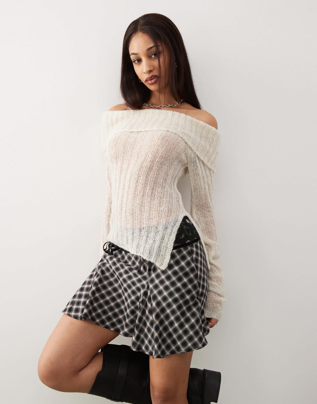 Monki long sleeve off the shoulder knit top in light beige