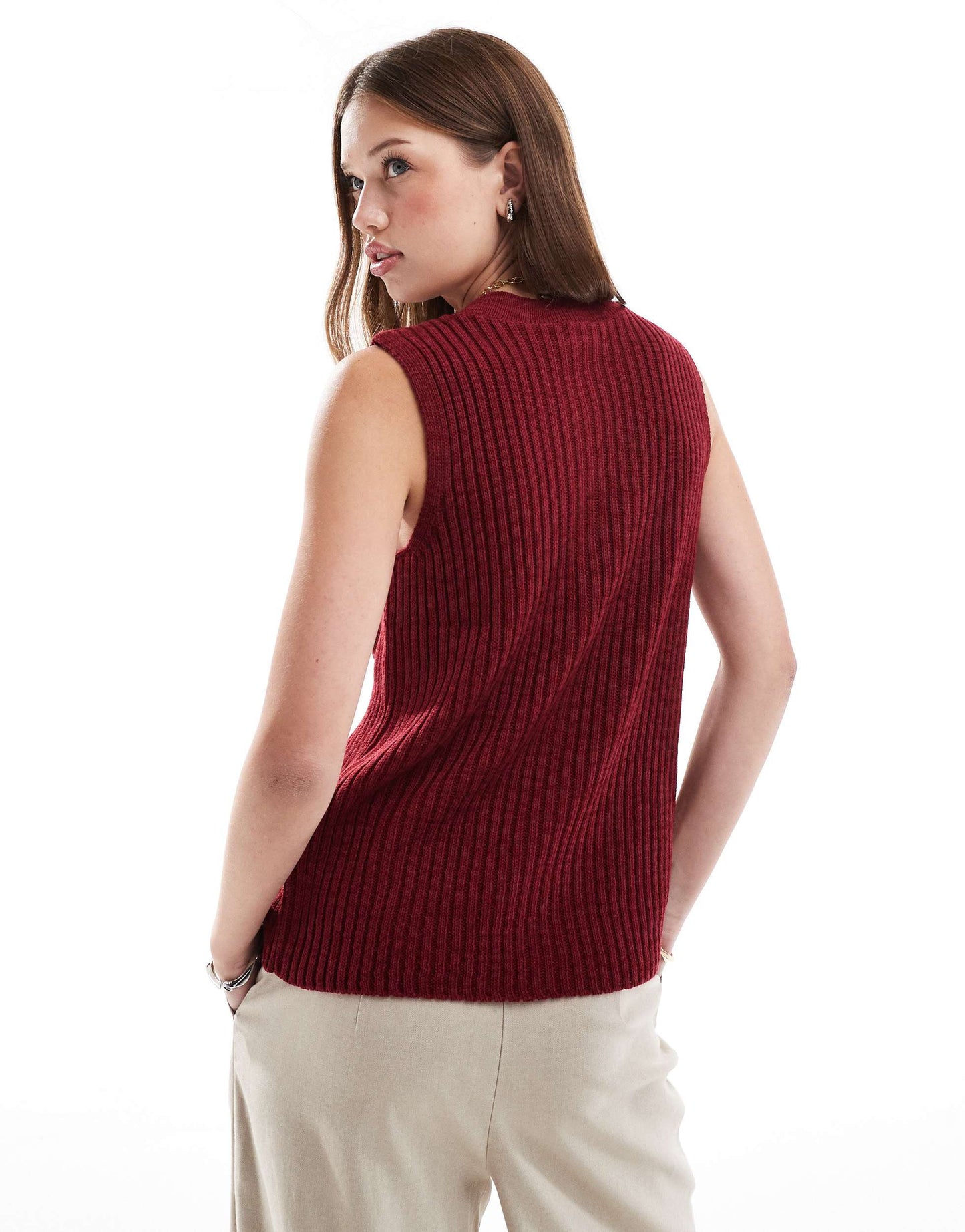 ASOS DESIGN knitted waistcoat in burgundy