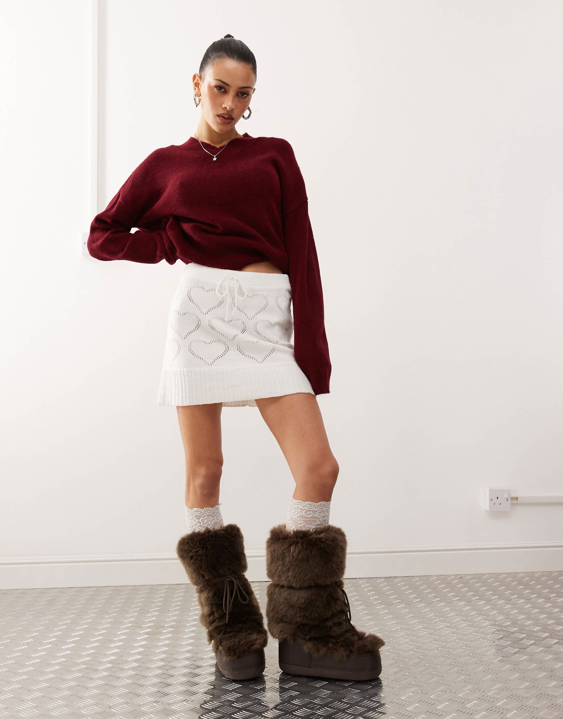 Reclaimed Vintage knitted pointelle skirt in off white